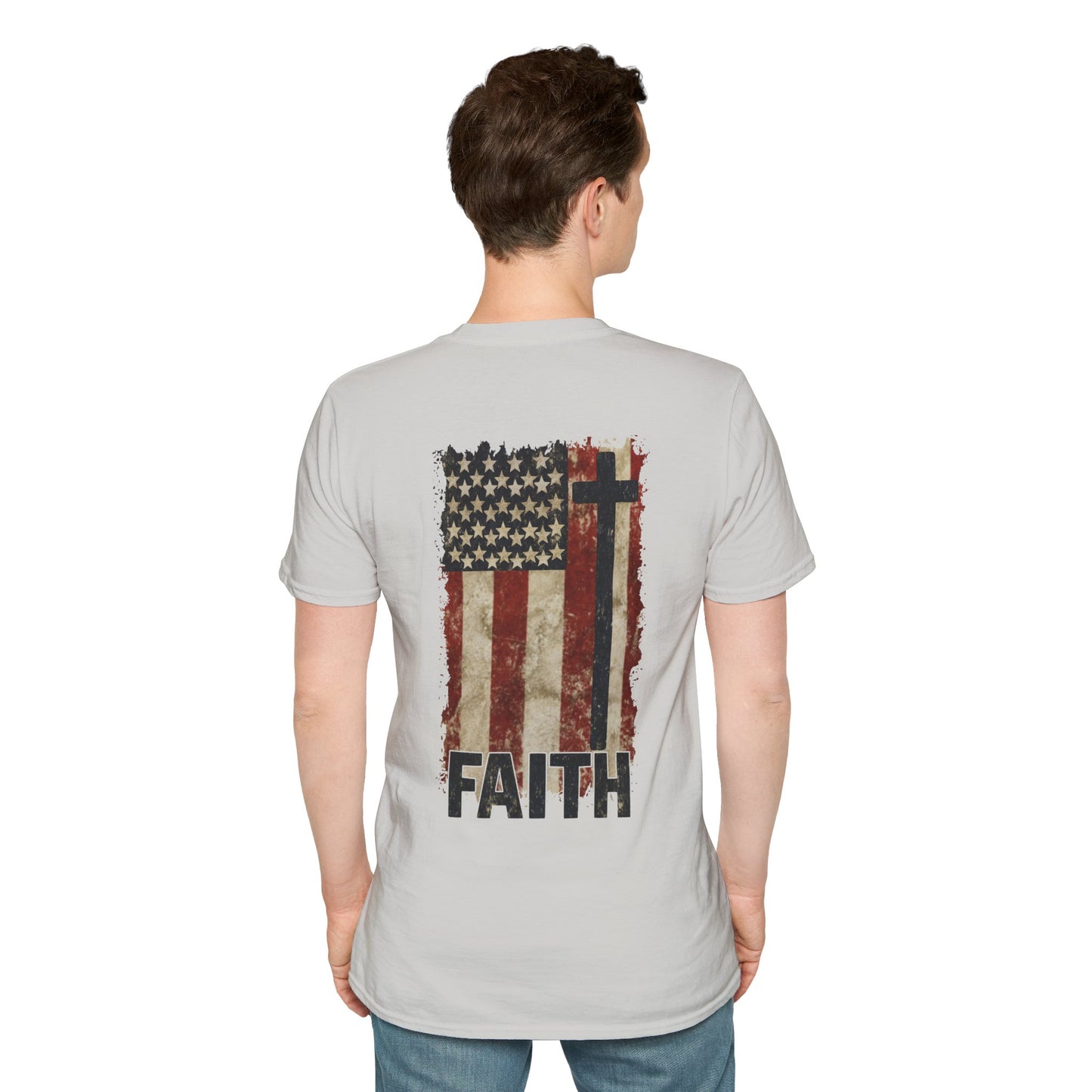 Faith-Inspired Unisex Softstyle T-Shirt, Vintage American Flag Tee, Inspirational Faith Shirt, Christian Apparel, Gifts for Believers