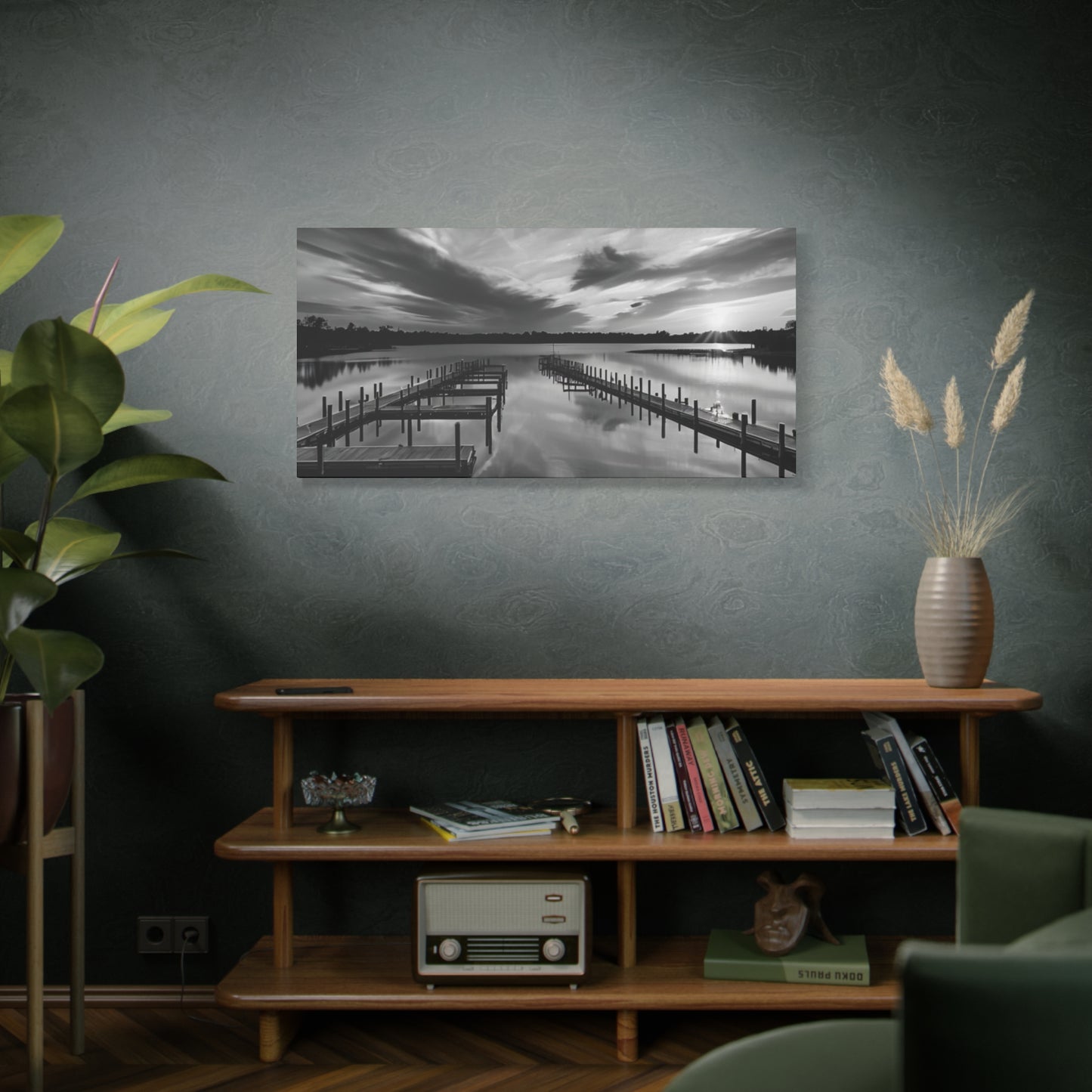 Serene Black and White Landscape Canvas Wall Art. Experience the calming vibe of overlooking the water at the end of the day.