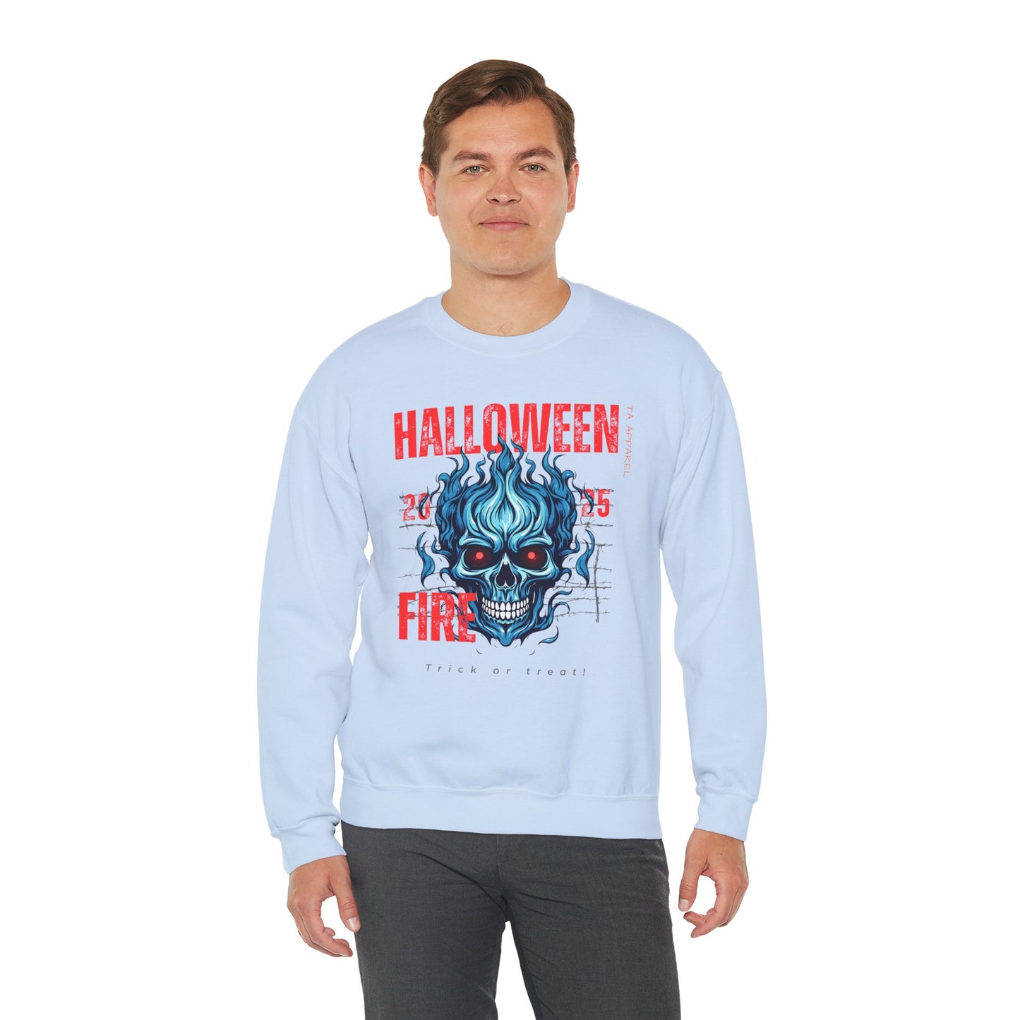 Halloween Fire Skull Sweatshirt, Unisex Crewneck for Fall, Spooky Season Apparel, Gift for Halloween Lovers, Cozy Awareness Top