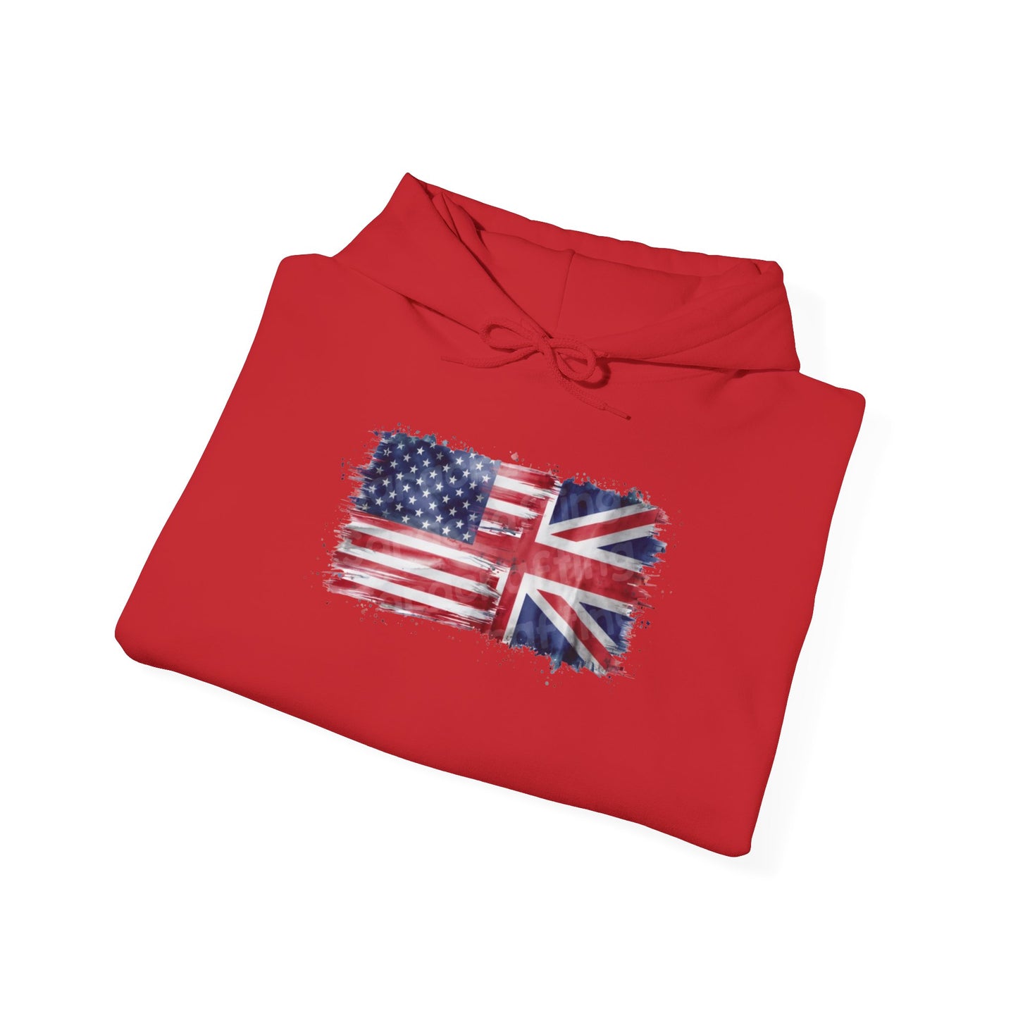 Patriotic Hooded Sweatshirt | Unisex Heavy Blend™ | USA & UK Flag Design | Cozy Gift for Holidays, Reunions, or Casual Wear
