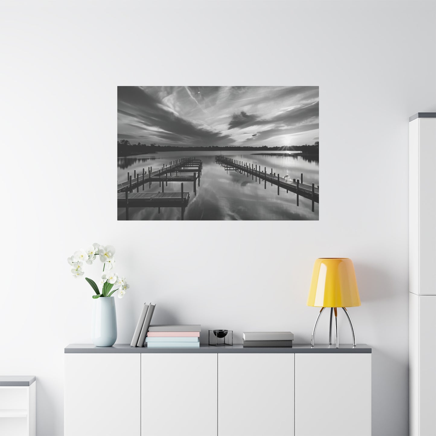 Serene Black and White Landscape Canvas Wall Art. Experience the calming vibe of overlooking the water at the end of the day.