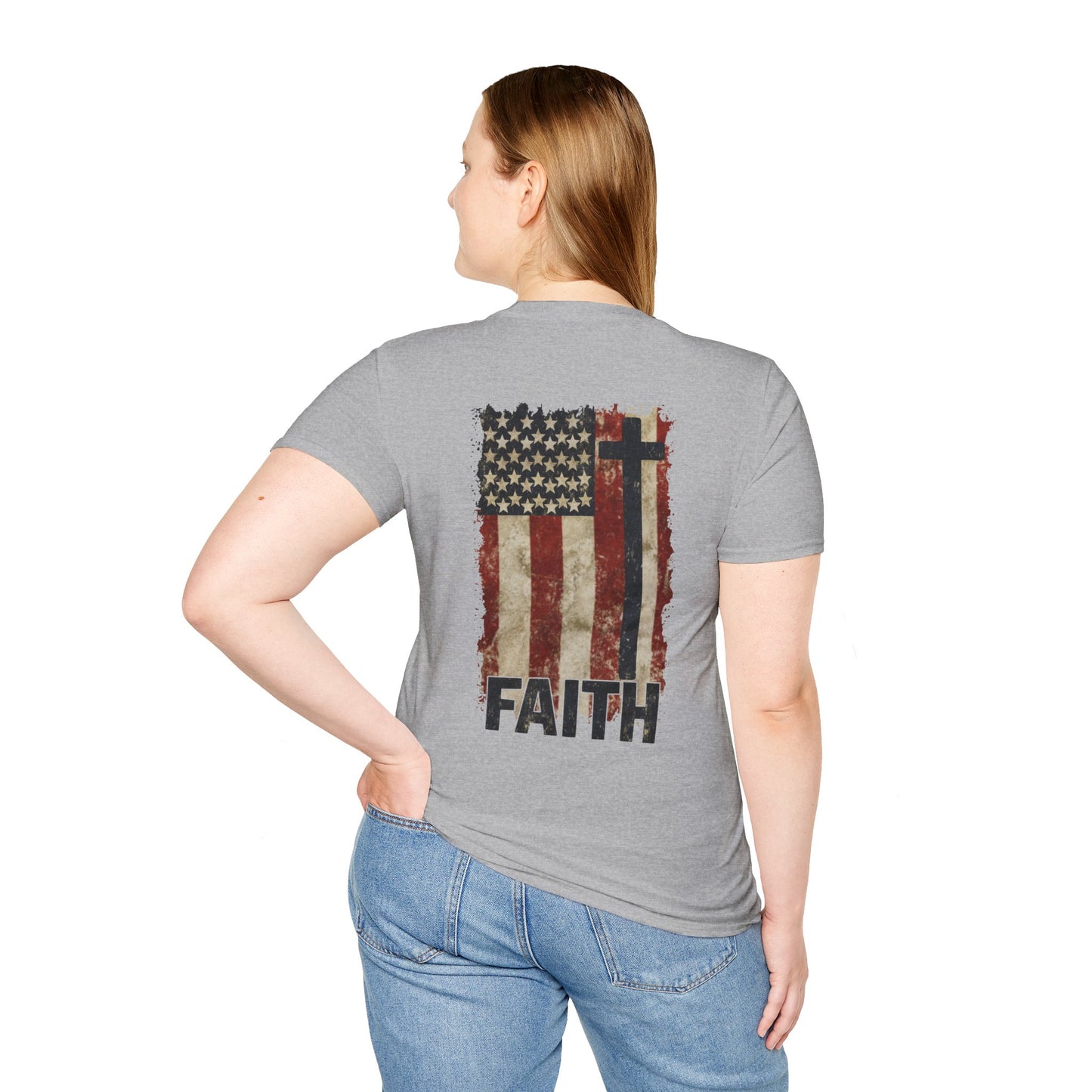Faith-Inspired Unisex Softstyle T-Shirt, Vintage American Flag Tee, Inspirational Faith Shirt, Christian Apparel, Gifts for Believers