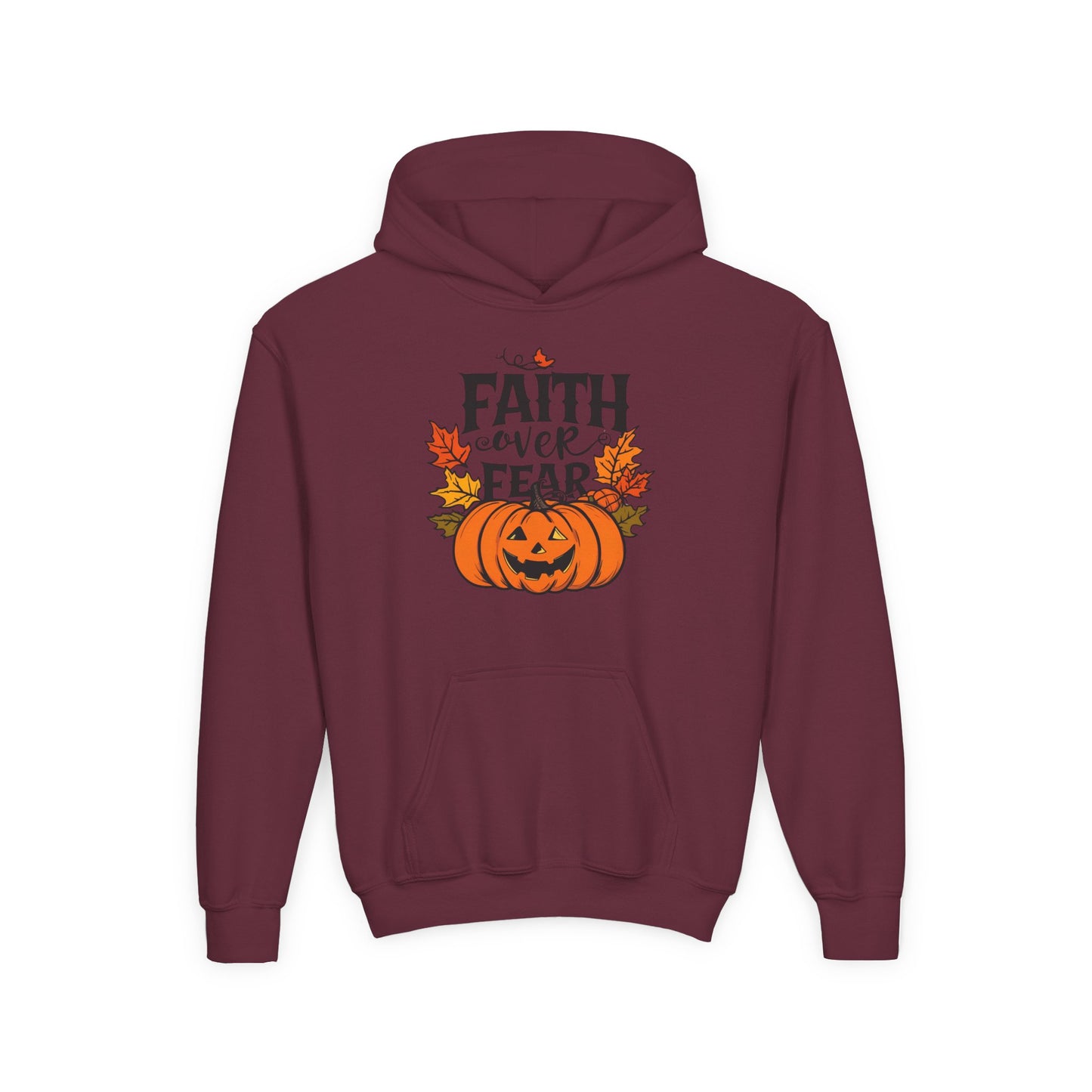 Halloween Faith Over Fear Kids Hoodie - Fall Sweatshirt, Halloween Apparel, Cozy Gift, Pumpkin Design, Inspirational Clothing