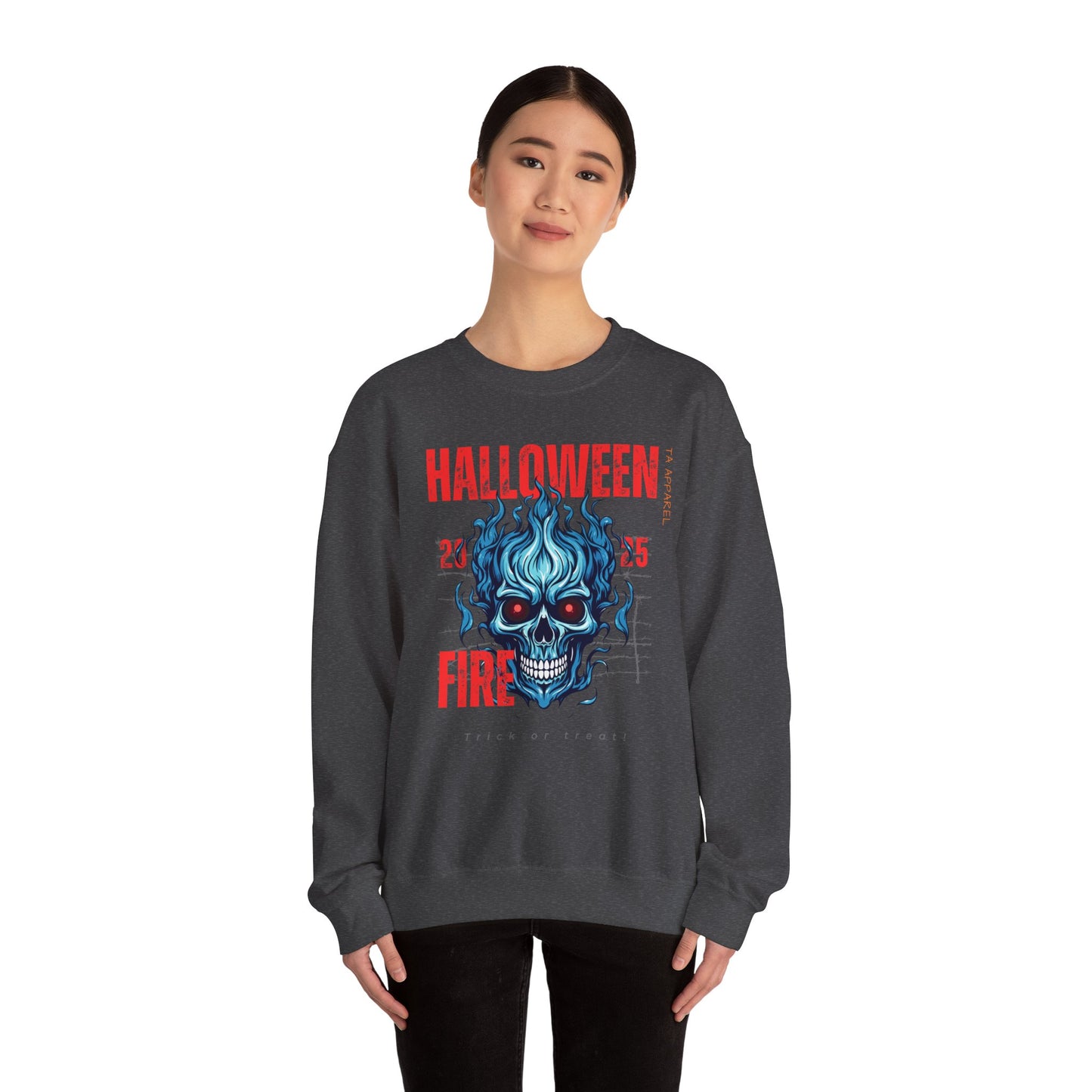 Halloween Fire Skull Sweatshirt, Unisex Crewneck for Fall, Spooky Season Apparel, Gift for Halloween Lovers, Cozy Awareness Top