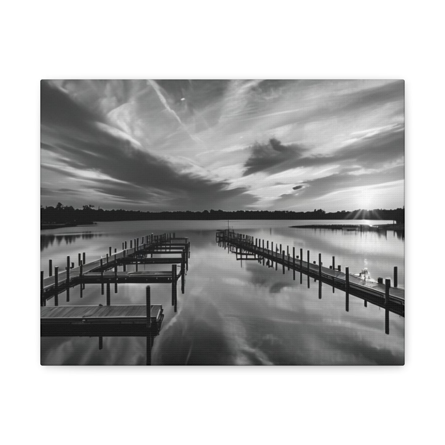 Serene Black and White Landscape Canvas Wall Art. Experience the calming vibe of overlooking the water at the end of the day.