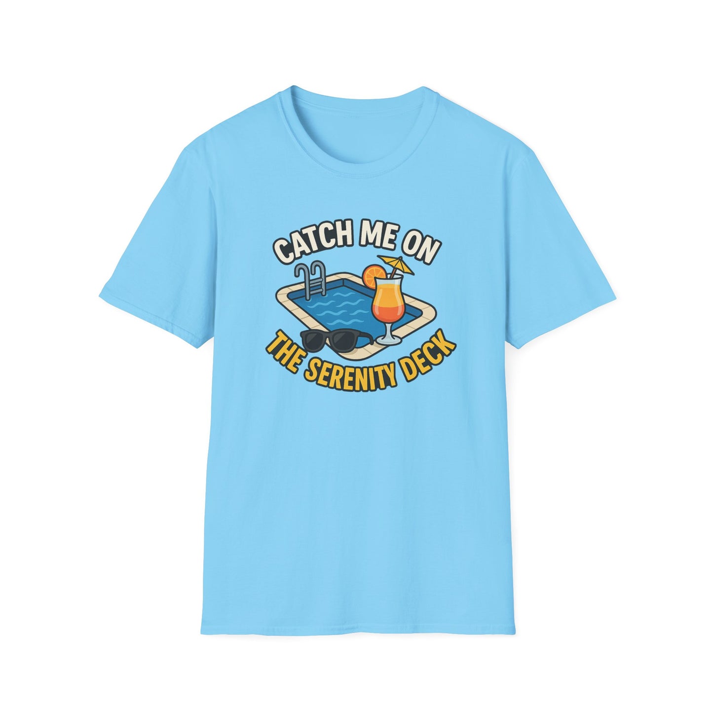Catch Me on the Serenity Deck Unisex Softstyle T-Shirt, Relaxation Tee, Vacation T-Shirt, Beachwear, Gift for Travel Lovers