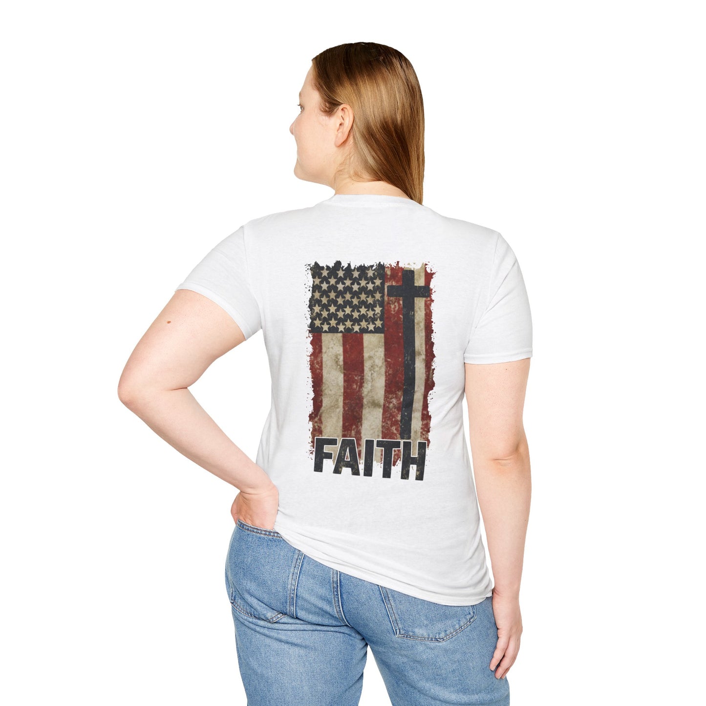 Faith-Inspired Unisex Softstyle T-Shirt, Vintage American Flag Tee, Inspirational Faith Shirt, Christian Apparel, Gifts for Believers