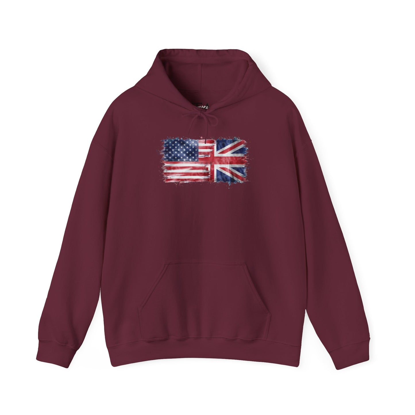 Patriotic Hooded Sweatshirt | Unisex Heavy Blend™ | USA & UK Flag Design | Cozy Gift for Holidays, Reunions, or Casual Wear