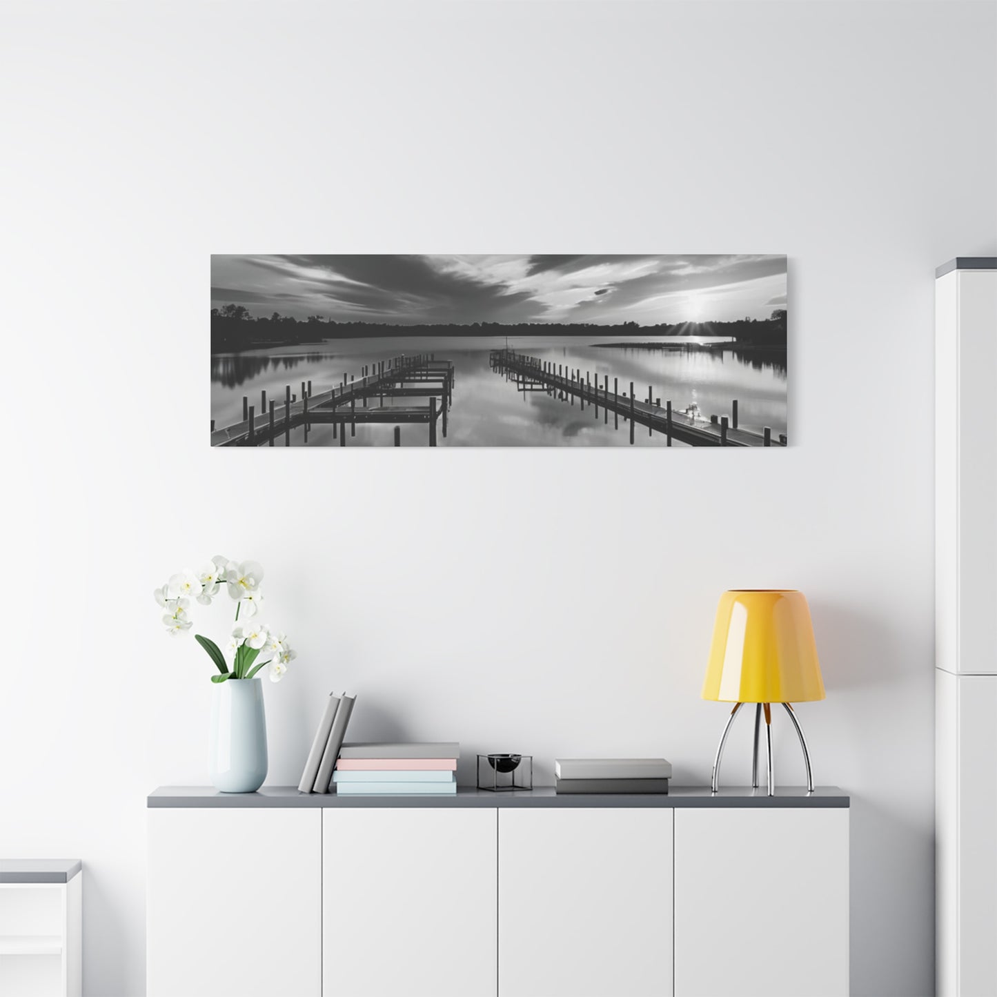 Serene Black and White Landscape Canvas Wall Art. Experience the calming vibe of overlooking the water at the end of the day.
