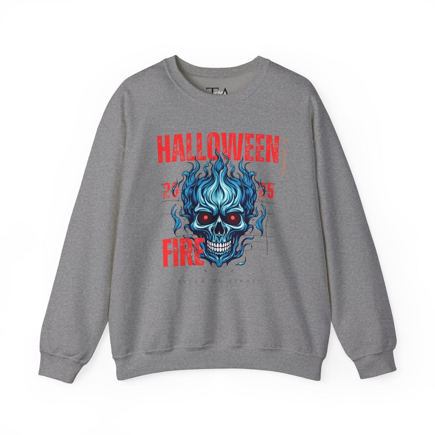 Halloween Fire Skull Sweatshirt, Unisex Crewneck for Fall, Spooky Season Apparel, Gift for Halloween Lovers, Cozy Awareness Top