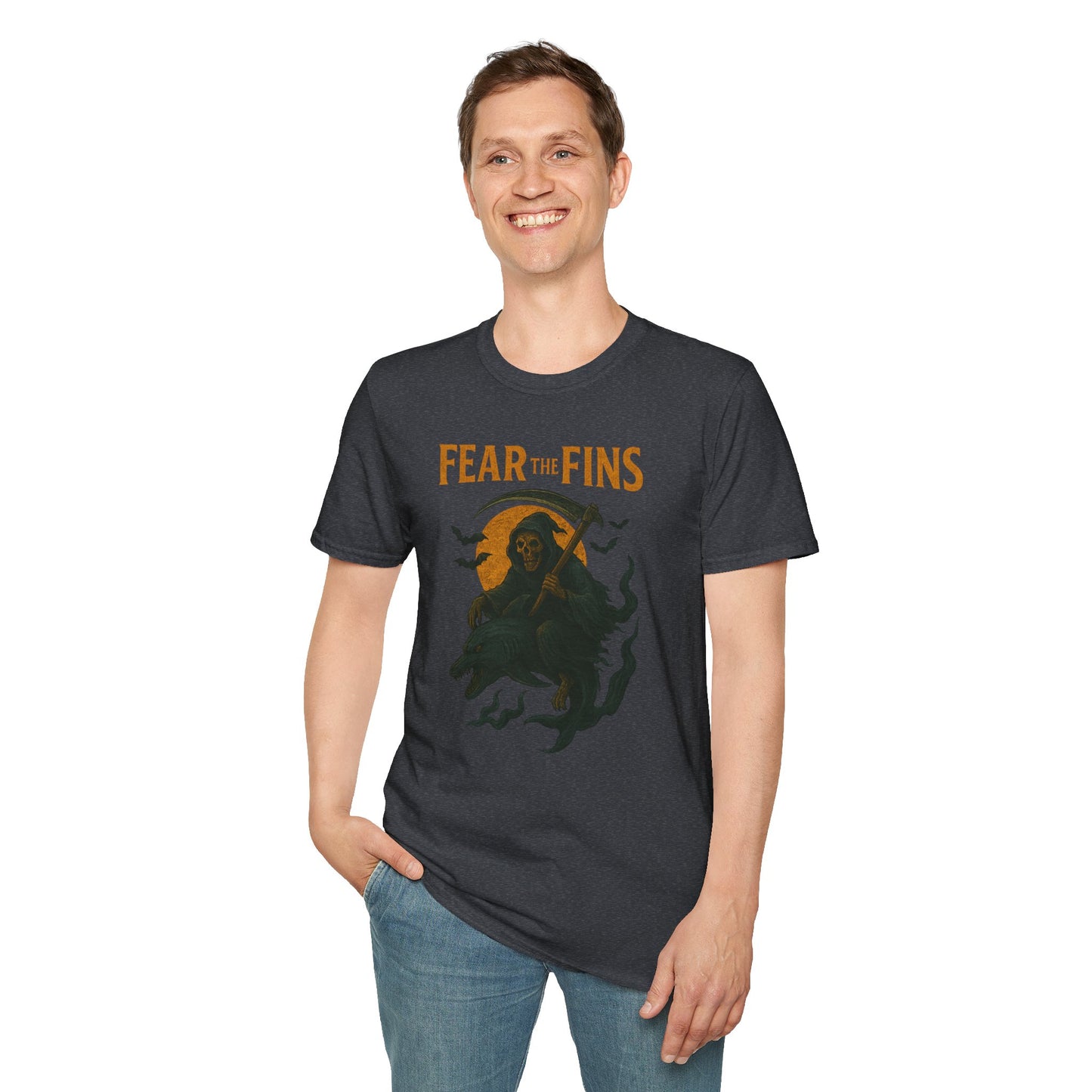 Miami Dolphins Halloween Unisex T-Shirt - Fear the Fins - Gifts for Ocean Lovers, Spooky Occasions, Casual Wear, Beach Parties, Horror Tee
