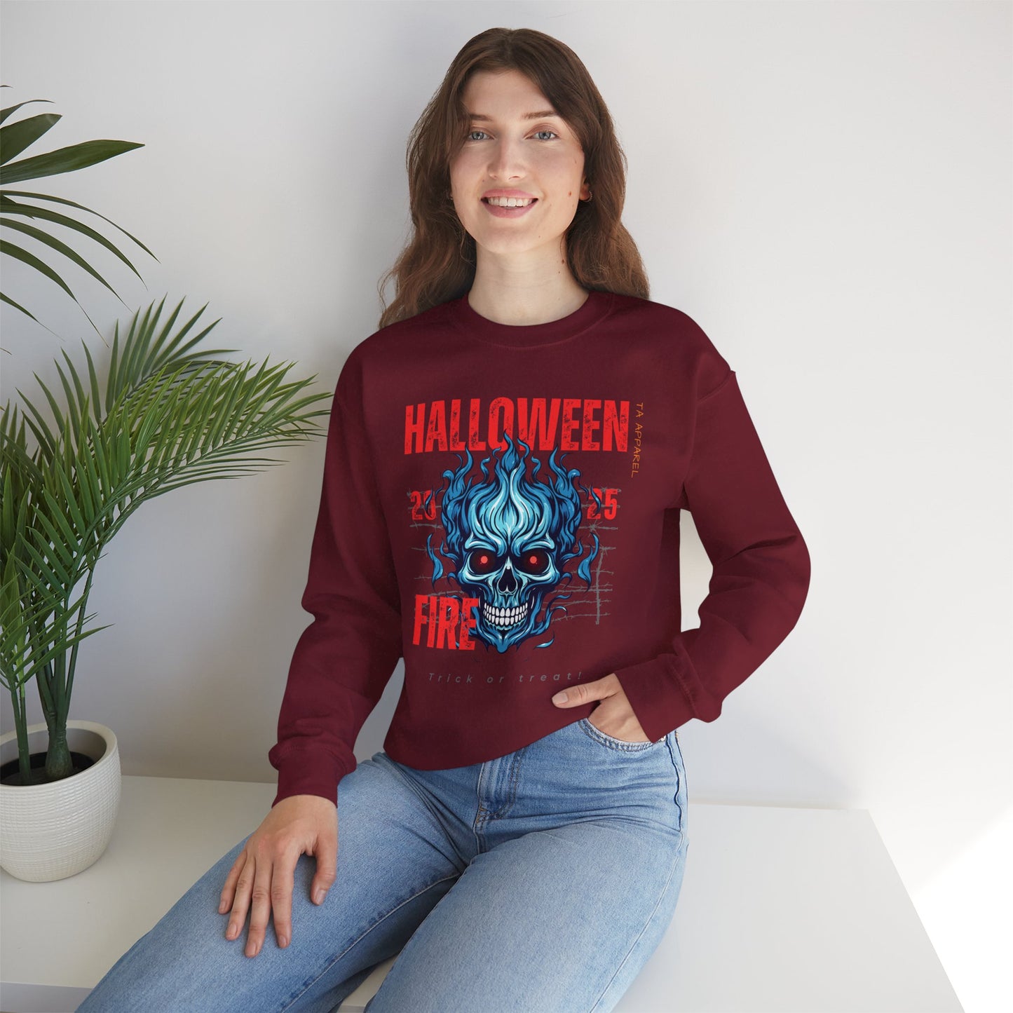 Halloween Fire Skull Sweatshirt, Unisex Crewneck for Fall, Spooky Season Apparel, Gift for Halloween Lovers, Cozy Awareness Top