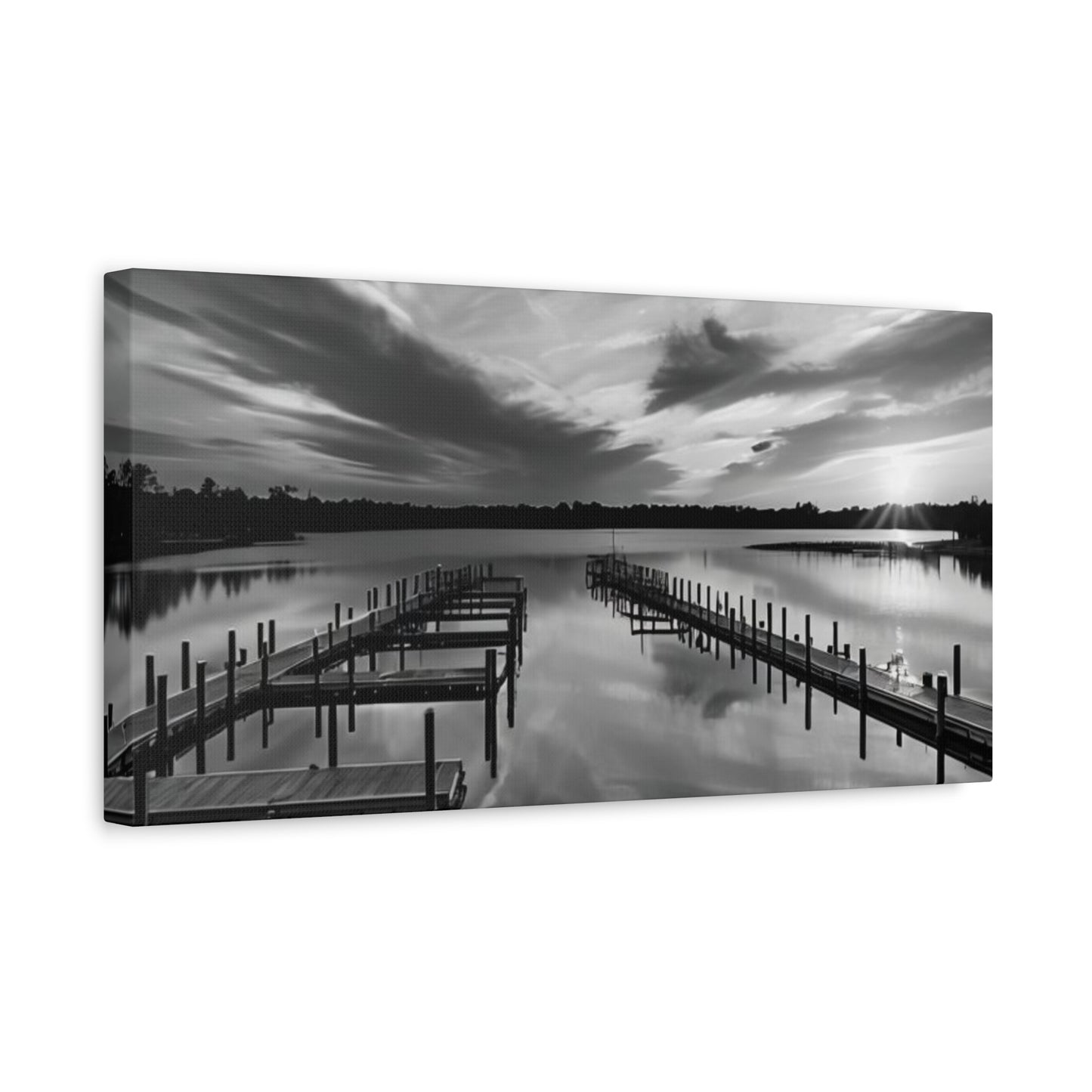 Serene Black and White Landscape Canvas Wall Art. Experience the calming vibe of overlooking the water at the end of the day.