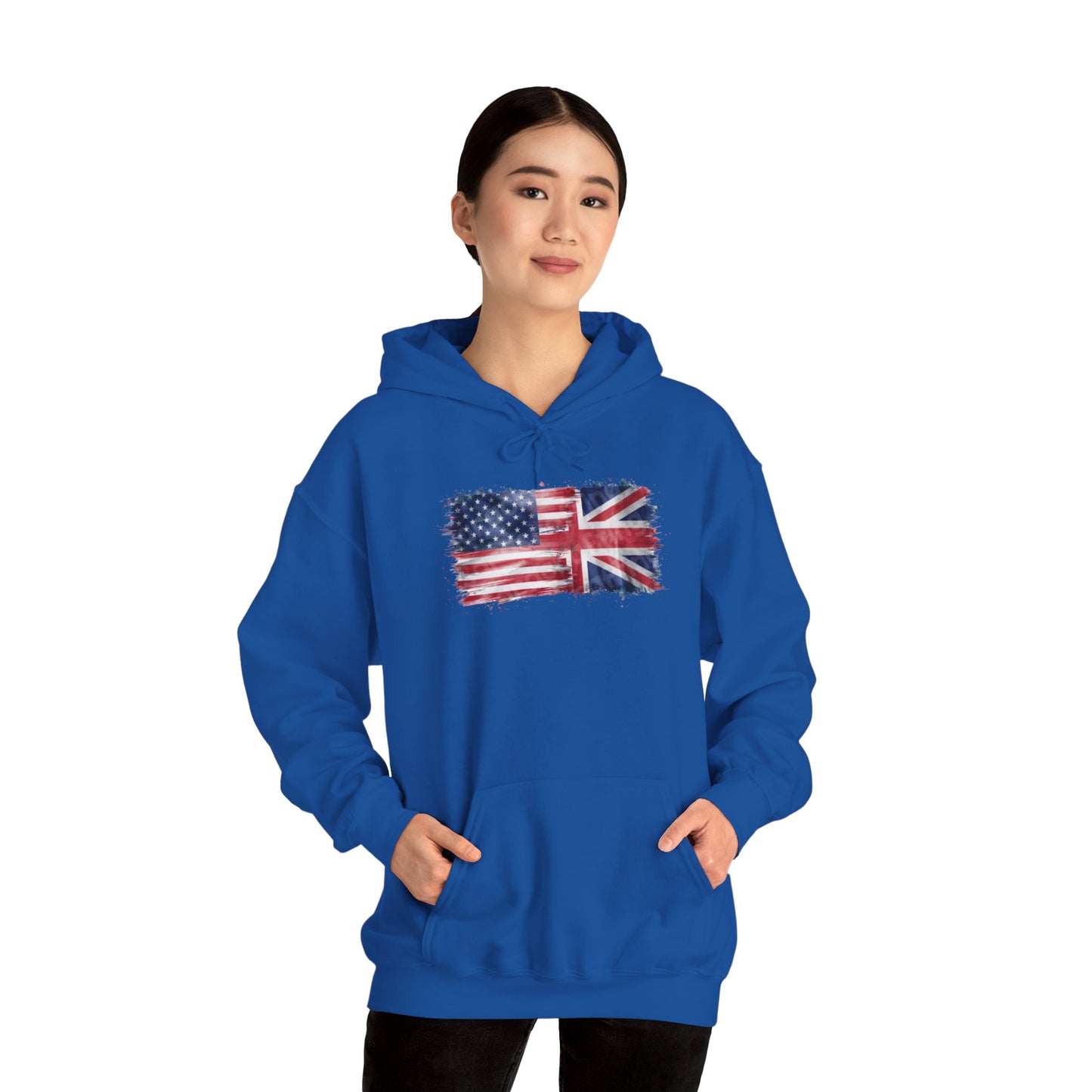 Patriotic Hooded Sweatshirt | Unisex Heavy Blend™ | USA & UK Flag Design | Cozy Gift for Holidays, Reunions, or Casual Wear