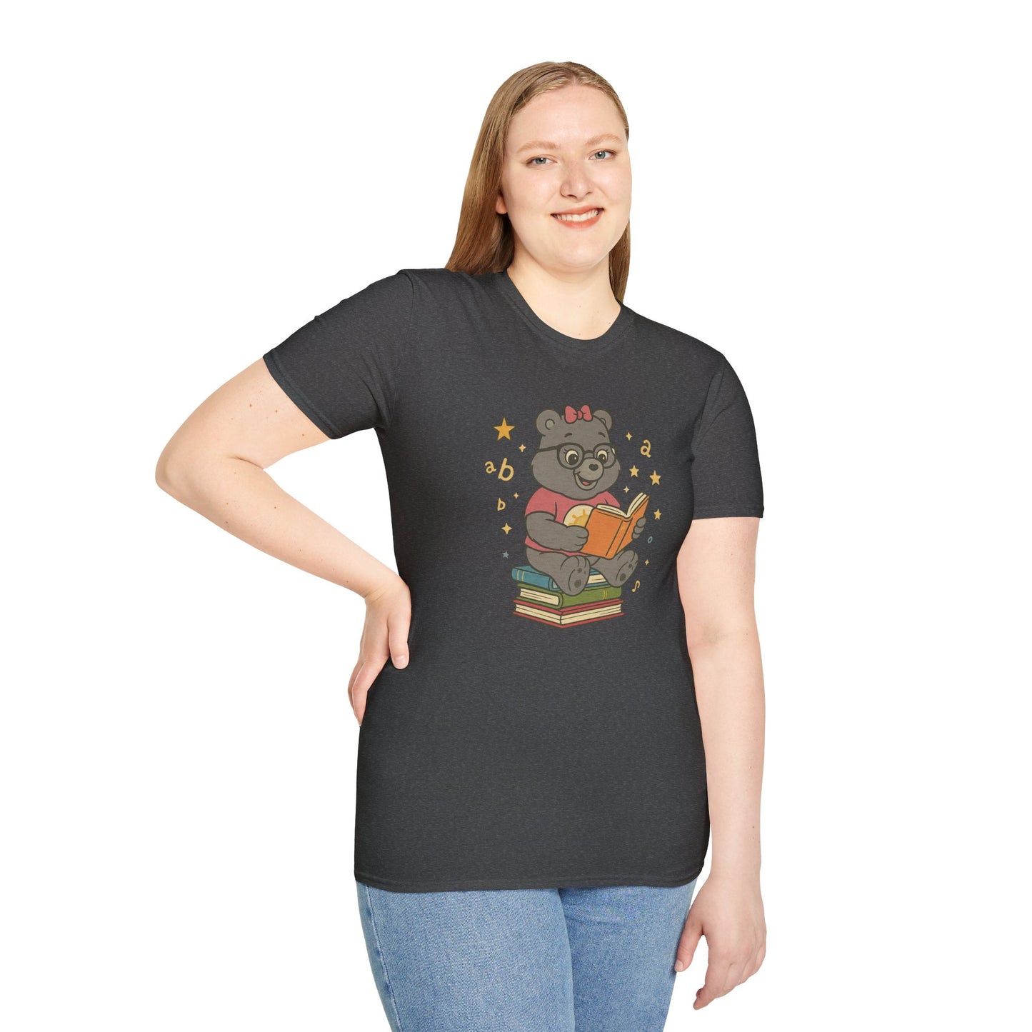Carebear Jr Book Design Unisex Softstyle T-Shirt, Kids Graphic Tee, Children Reading Shirt, Cute Bear Illustration Top, Retro Style Apparel