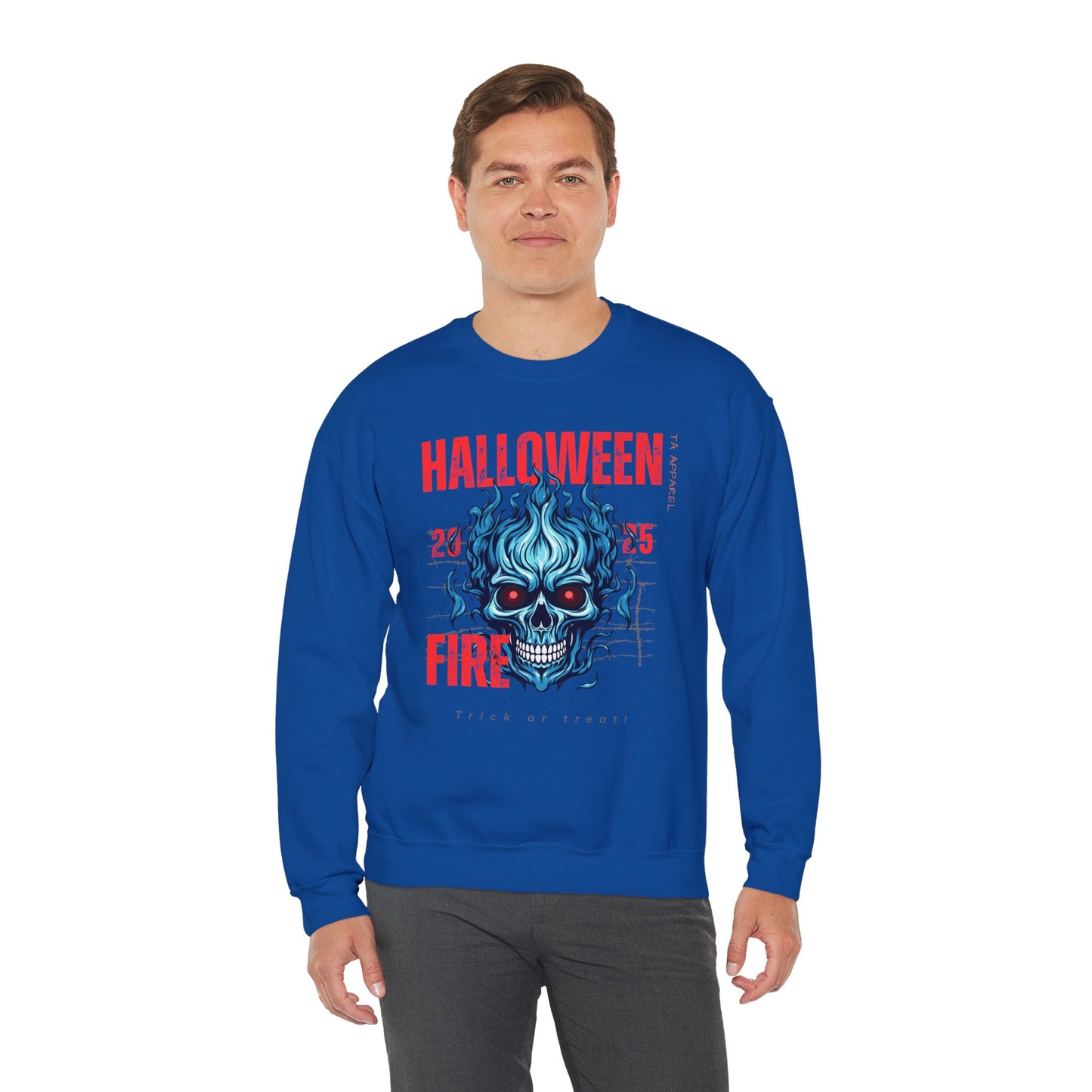 Halloween Fire Skull Sweatshirt, Unisex Crewneck for Fall, Spooky Season Apparel, Gift for Halloween Lovers, Cozy Awareness Top