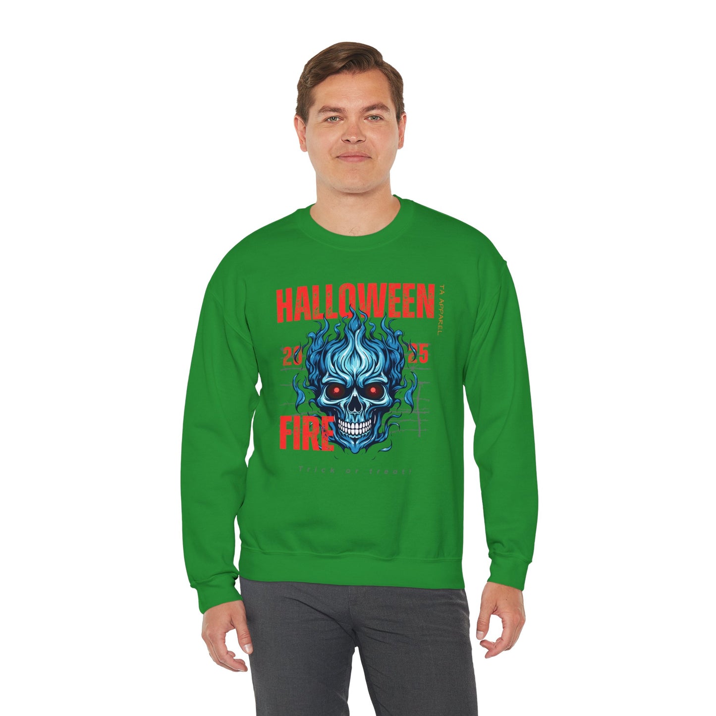 Halloween Fire Skull Sweatshirt, Unisex Crewneck for Fall, Spooky Season Apparel, Gift for Halloween Lovers, Cozy Awareness Top