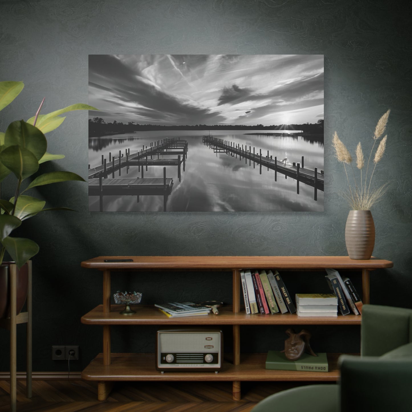 Serene Black and White Landscape Canvas Wall Art. Experience the calming vibe of overlooking the water at the end of the day.