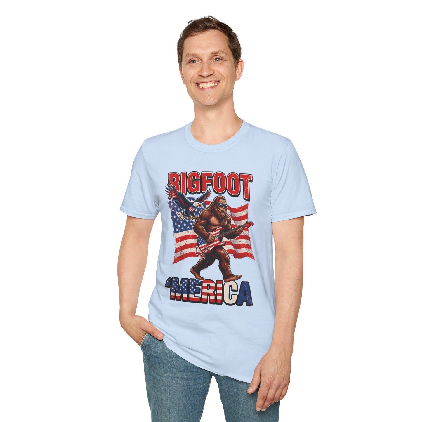 Bigfoot America T-Shirt — Patriotic Bigfoot Playing Guitar Graphic Tee