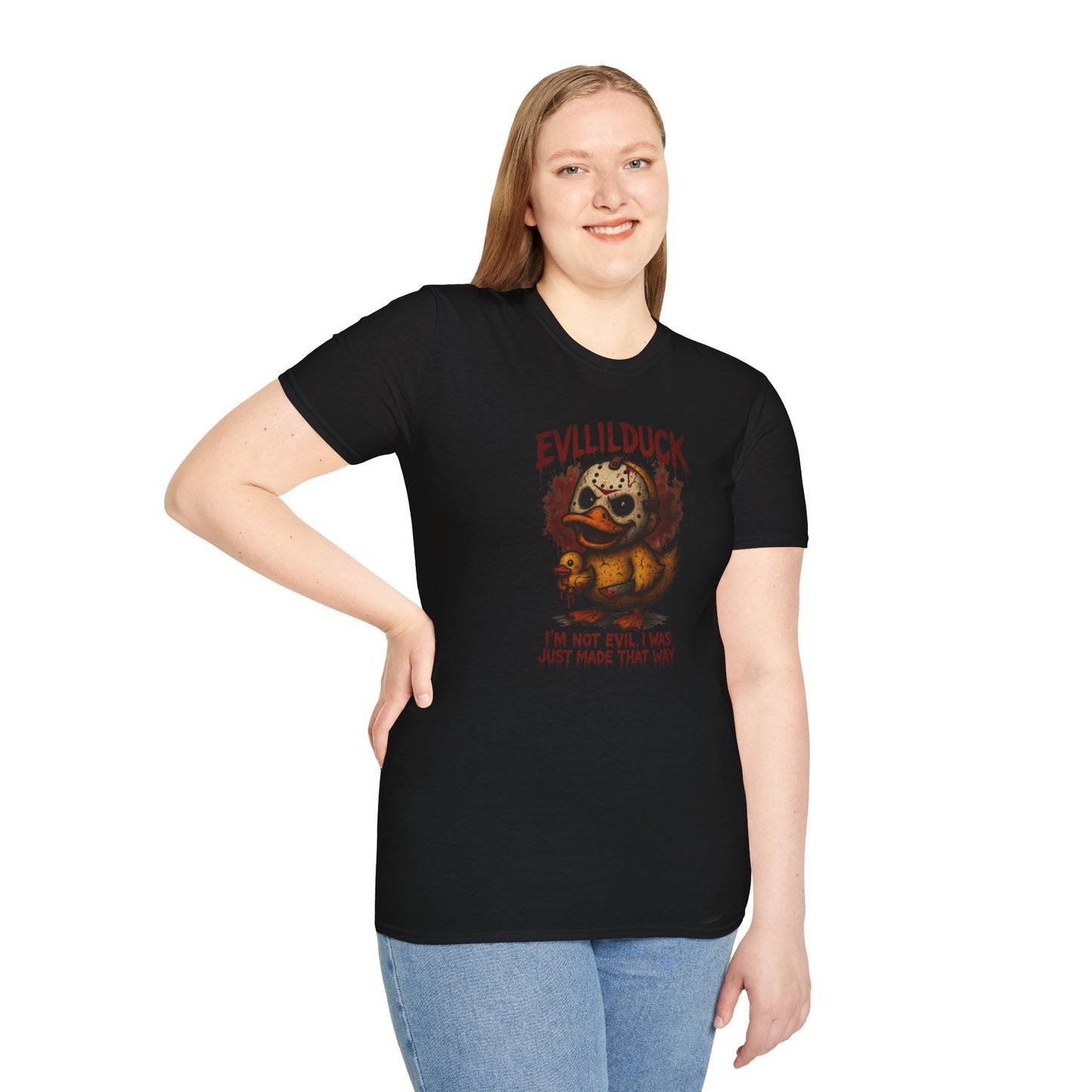 EVLLILDUCK Funny Graphic T-Shirt, Cute Duck Shirt, Unisex Softstyle Tee, Gift for Kids, Funny Quirky T-Shirt, Casual Wear, Halloween Apparel
