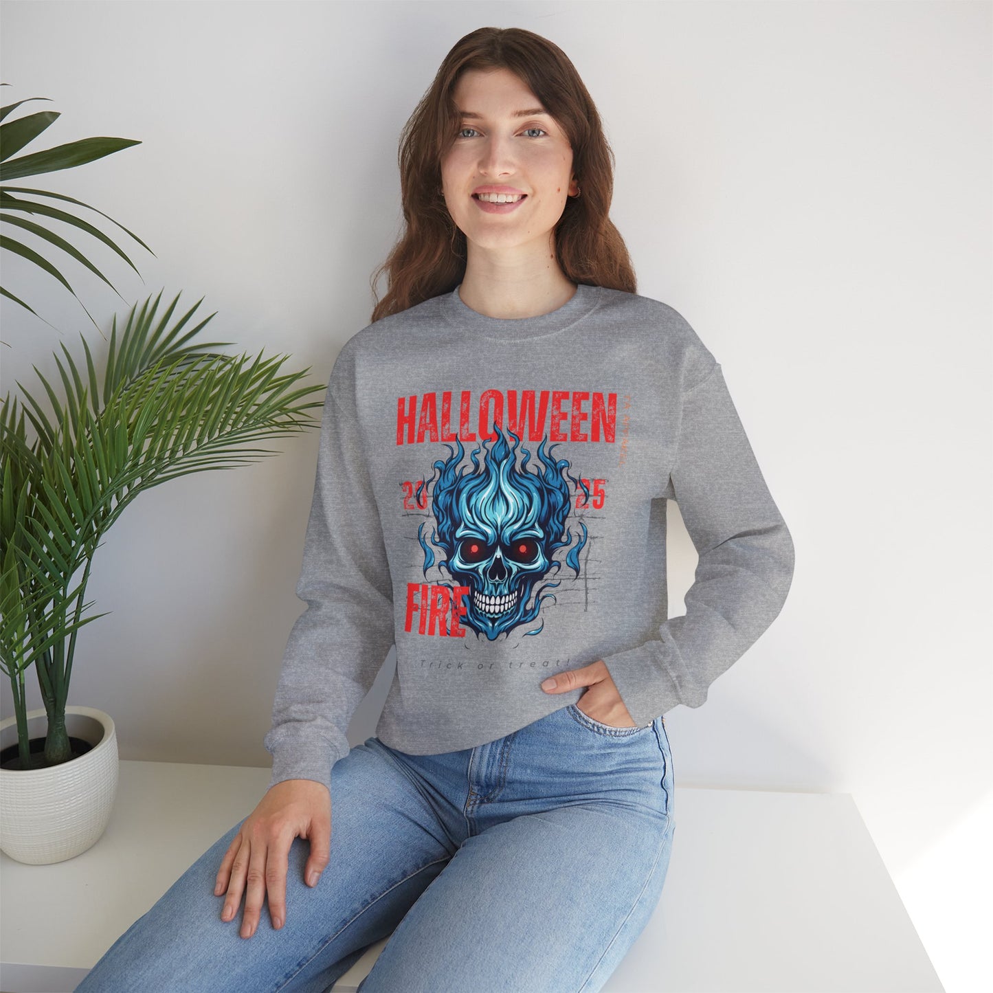 Halloween Fire Skull Sweatshirt, Unisex Crewneck for Fall, Spooky Season Apparel, Gift for Halloween Lovers, Cozy Awareness Top