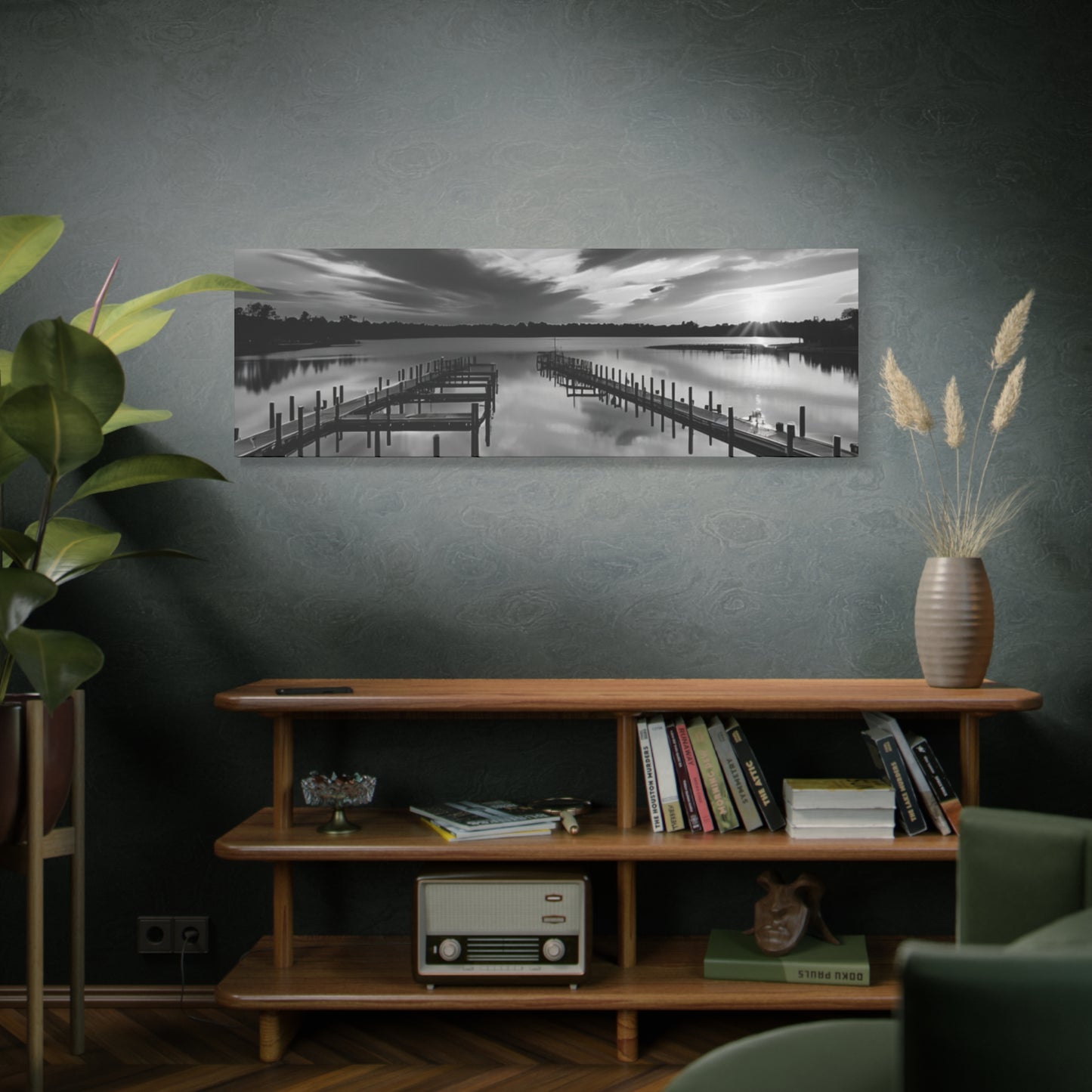 Serene Black and White Landscape Canvas Wall Art. Experience the calming vibe of overlooking the water at the end of the day.
