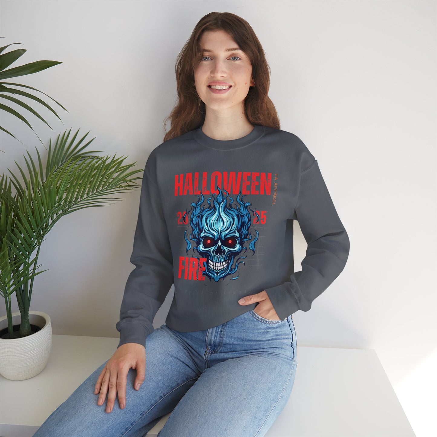 Halloween Fire Skull Sweatshirt, Unisex Crewneck for Fall, Spooky Season Apparel, Gift for Halloween Lovers, Cozy Awareness Top