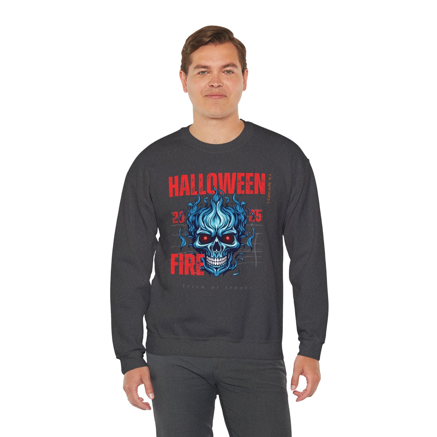 Halloween Fire Skull Sweatshirt, Unisex Crewneck for Fall, Spooky Season Apparel, Gift for Halloween Lovers, Cozy Awareness Top