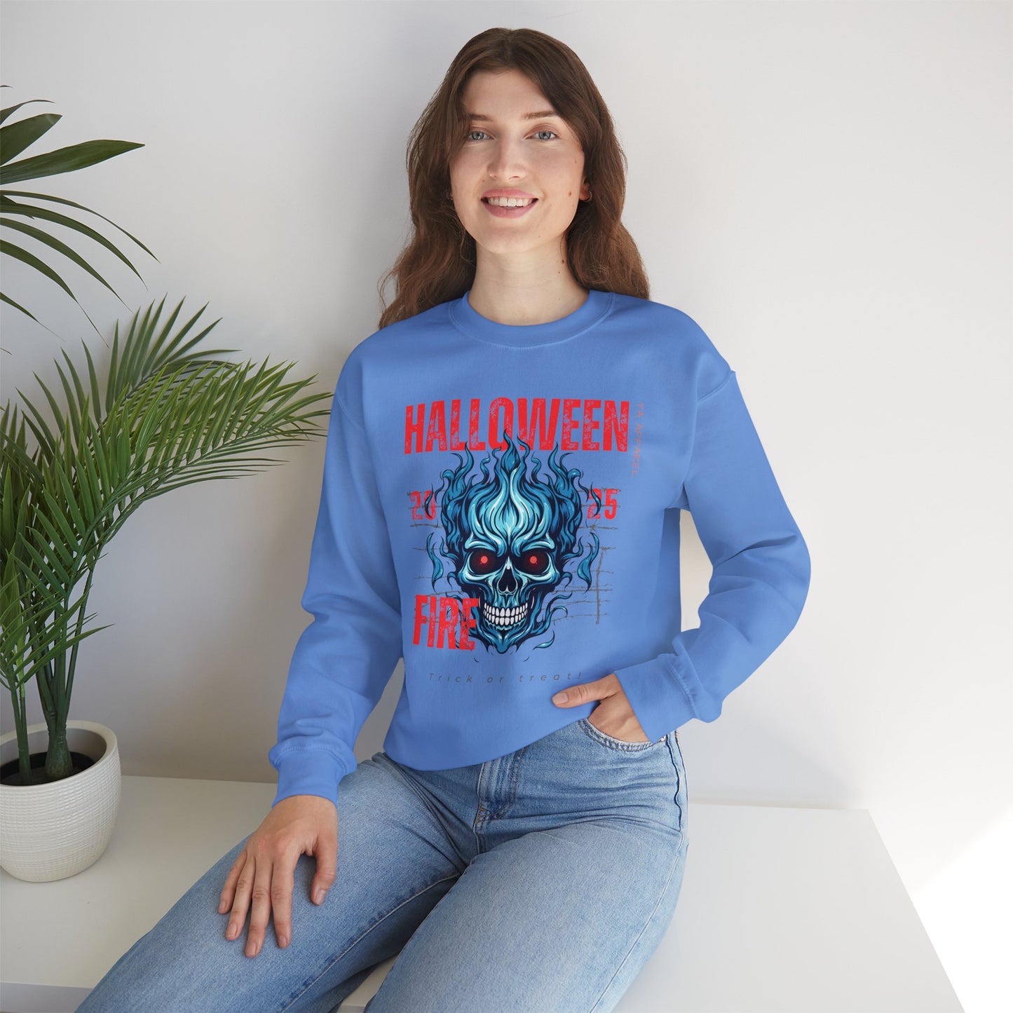 Halloween Fire Skull Sweatshirt, Unisex Crewneck for Fall, Spooky Season Apparel, Gift for Halloween Lovers, Cozy Awareness Top