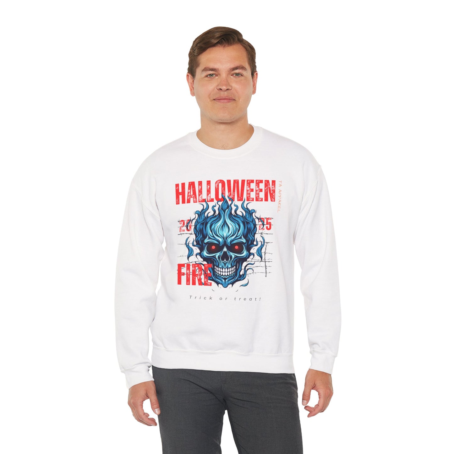 Halloween Fire Skull Sweatshirt, Unisex Crewneck for Fall, Spooky Season Apparel, Gift for Halloween Lovers, Cozy Awareness Top