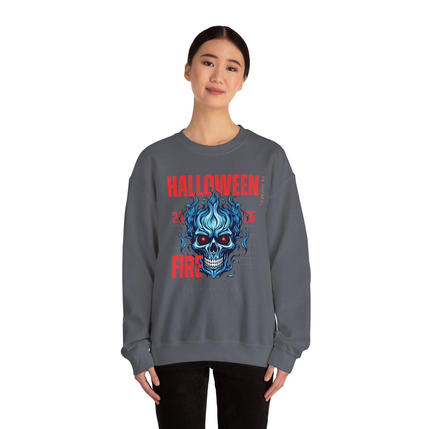 Halloween Fire Skull Sweatshirt, Unisex Crewneck for Fall, Spooky Season Apparel, Gift for Halloween Lovers, Cozy Awareness Top