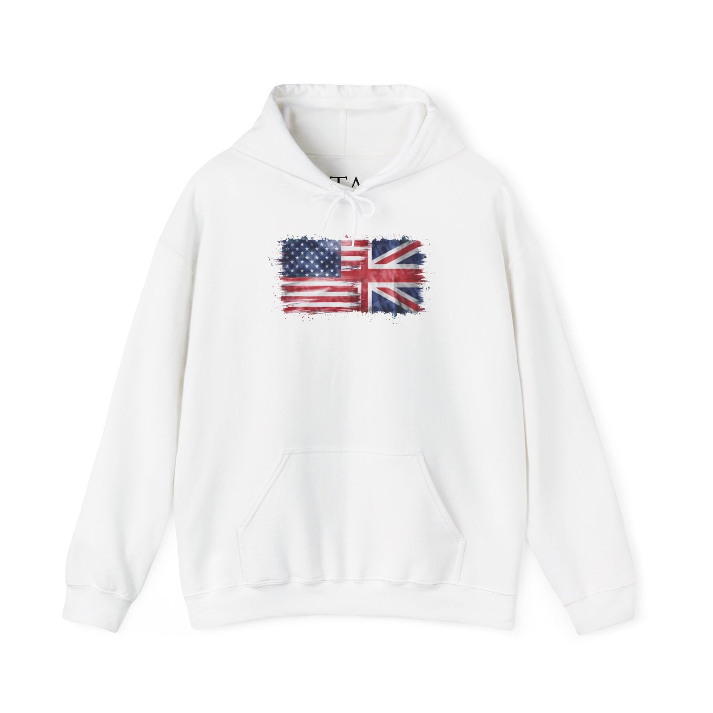 Patriotic Hooded Sweatshirt | Unisex Heavy Blend™ | USA & UK Flag Design | Cozy Gift for Holidays, Reunions, or Casual Wear