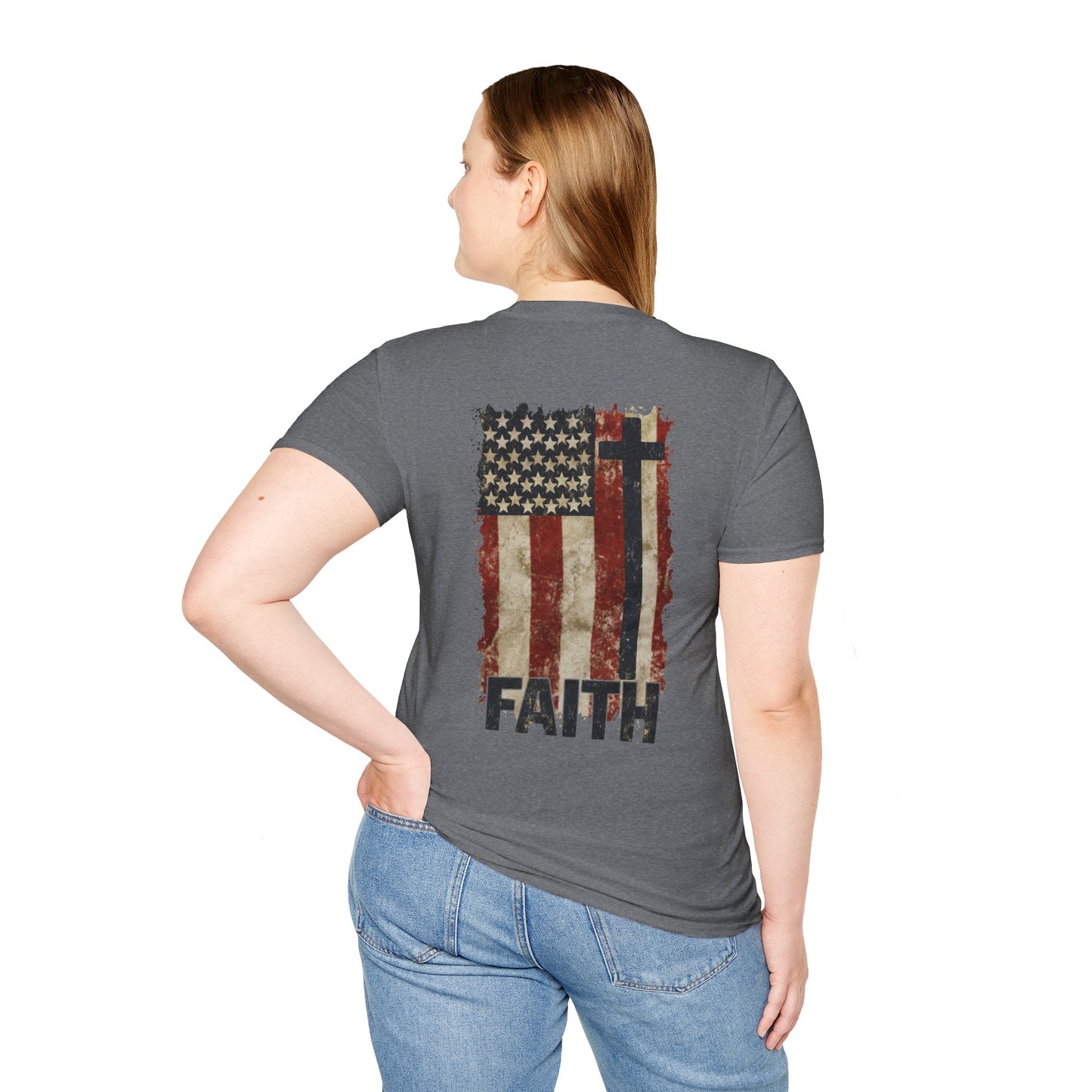 Faith-Inspired Unisex Softstyle T-Shirt, Vintage American Flag Tee, Inspirational Faith Shirt, Christian Apparel, Gifts for Believers