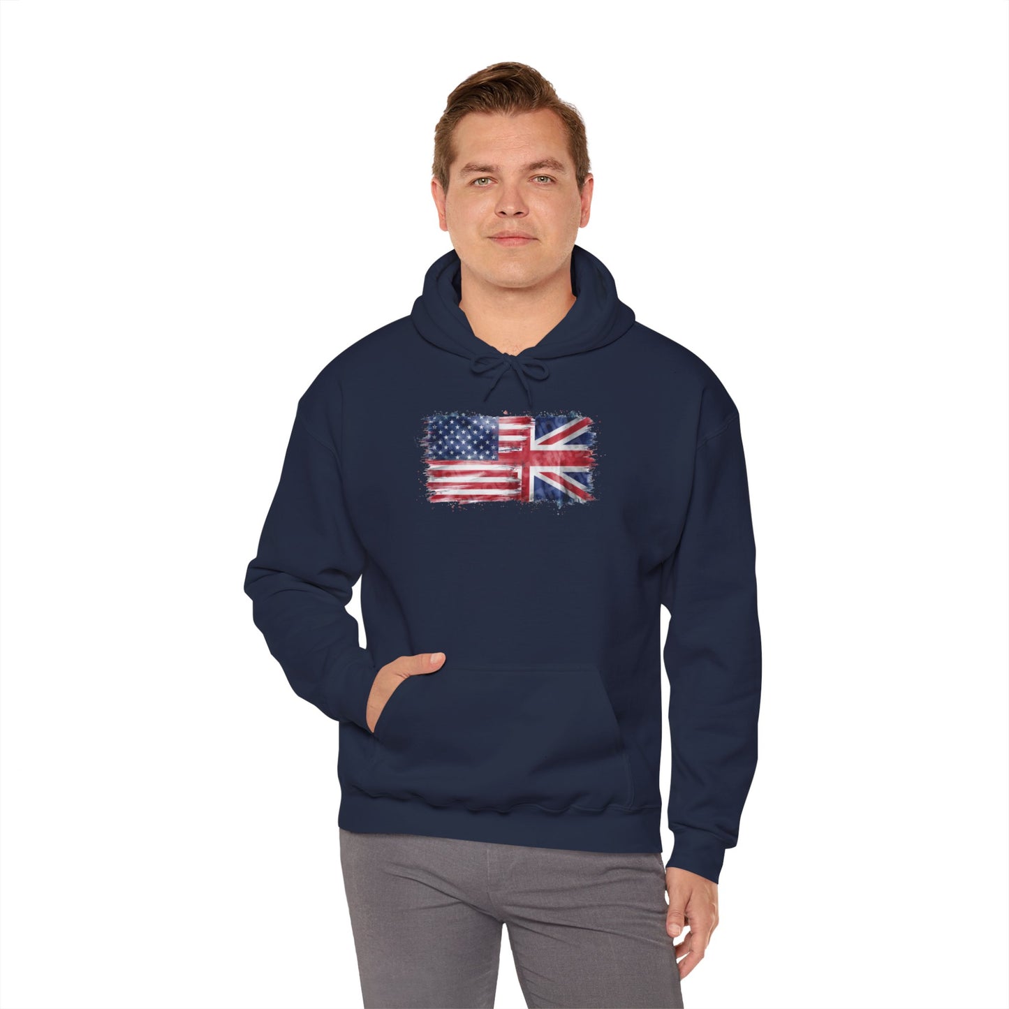 Patriotic Hooded Sweatshirt | Unisex Heavy Blend™ | USA & UK Flag Design | Cozy Gift for Holidays, Reunions, or Casual Wear