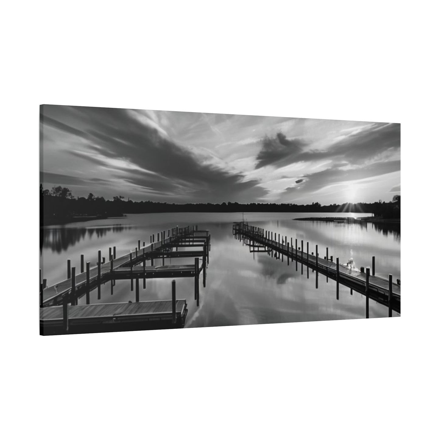 Serene Black and White Landscape Canvas Wall Art. Experience the calming vibe of overlooking the water at the end of the day.