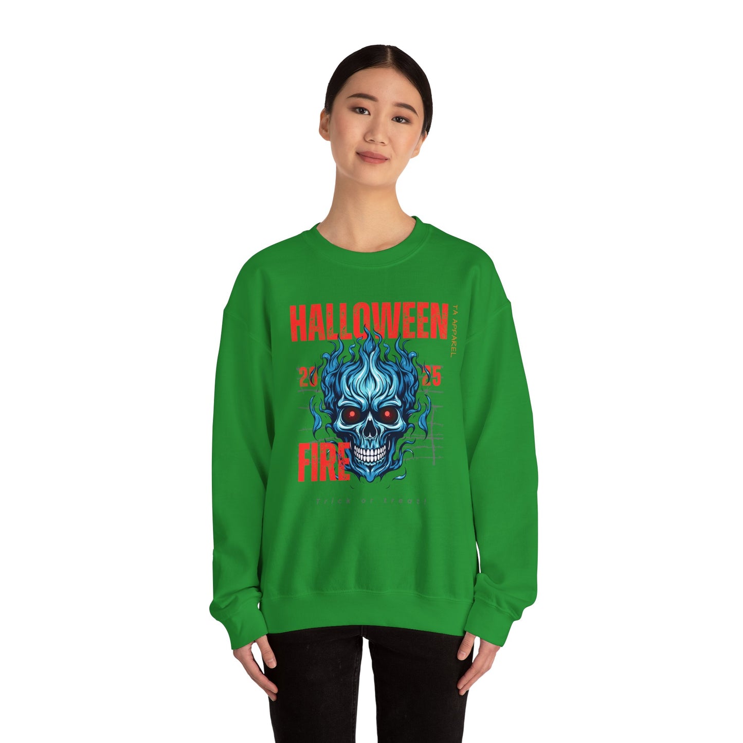 Halloween Fire Skull Sweatshirt, Unisex Crewneck for Fall, Spooky Season Apparel, Gift for Halloween Lovers, Cozy Awareness Top