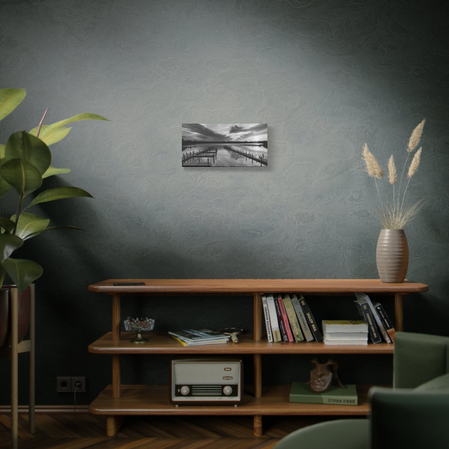 Serene Black and White Landscape Canvas Wall Art. Experience the calming vibe of overlooking the water at the end of the day.