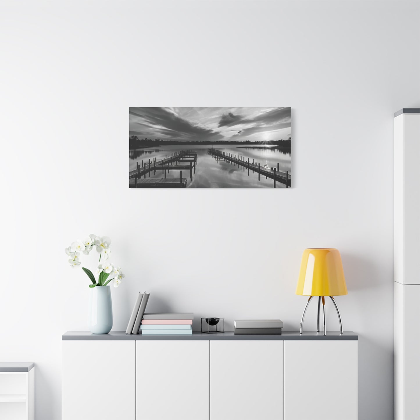 Serene Black and White Landscape Canvas Wall Art. Experience the calming vibe of overlooking the water at the end of the day.