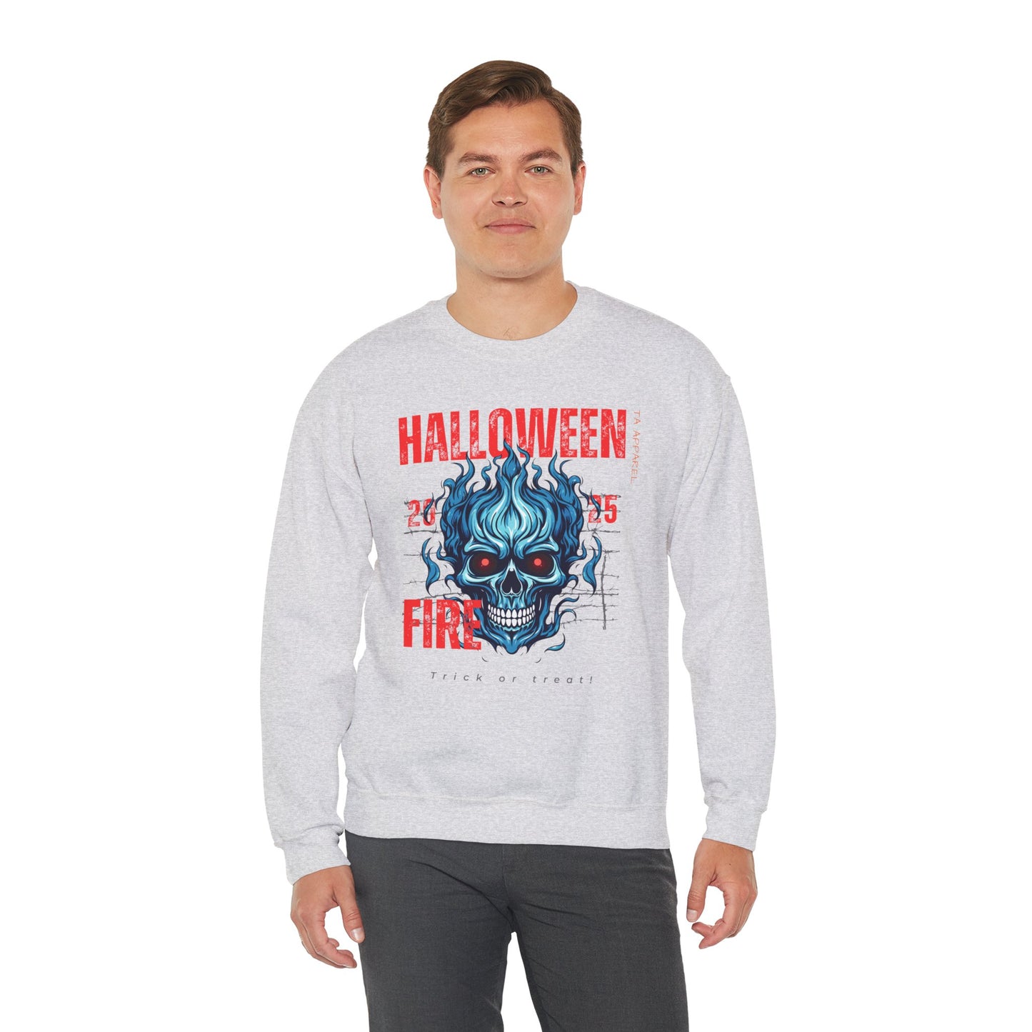 Halloween Fire Skull Sweatshirt, Unisex Crewneck for Fall, Spooky Season Apparel, Gift for Halloween Lovers, Cozy Awareness Top