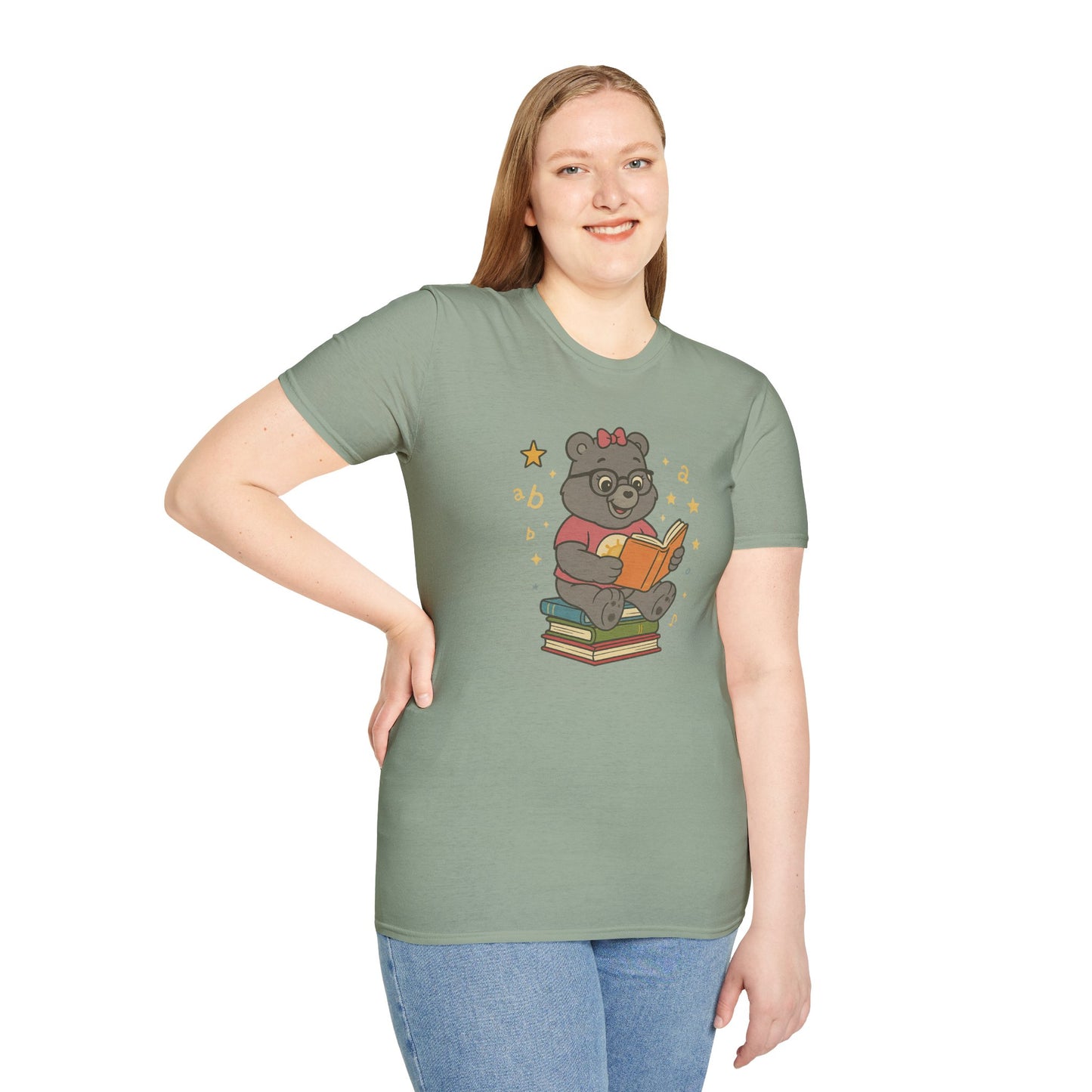 Carebear Jr Book Design Unisex Softstyle T-Shirt, Kids Graphic Tee, Children Reading Shirt, Cute Bear Illustration Top, Retro Style Apparel