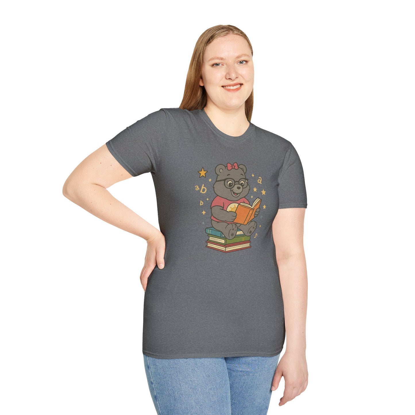 Carebear Jr Book Design Unisex Softstyle T-Shirt, Kids Graphic Tee, Children Reading Shirt, Cute Bear Illustration Top, Retro Style Apparel