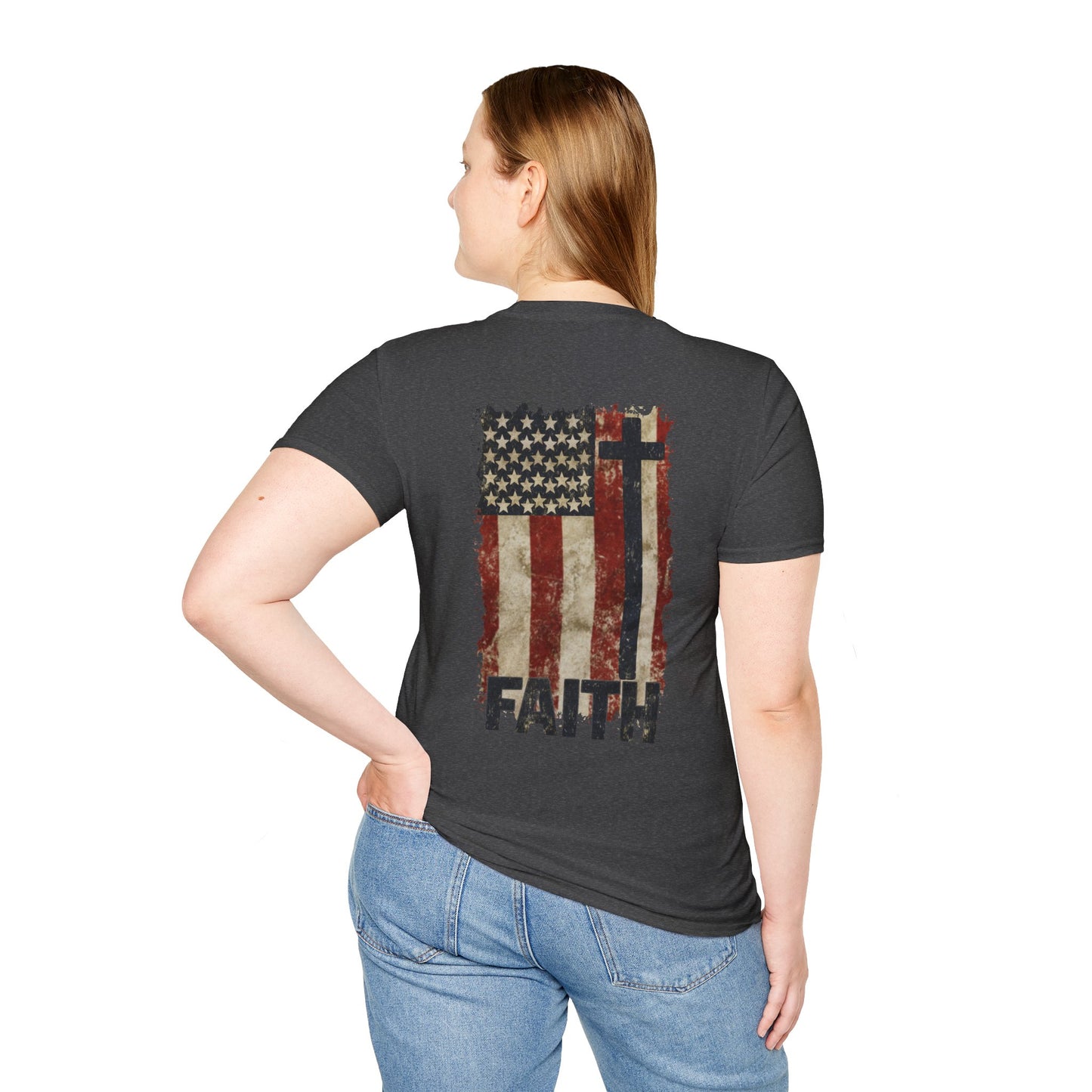 Faith-Inspired Unisex Softstyle T-Shirt, Vintage American Flag Tee, Inspirational Faith Shirt, Christian Apparel, Gifts for Believers