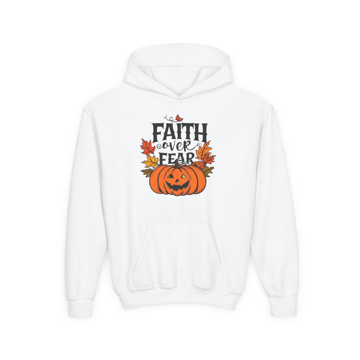Halloween Faith Over Fear Kids Hoodie - Fall Sweatshirt, Halloween Apparel, Cozy Gift, Pumpkin Design, Inspirational Clothing