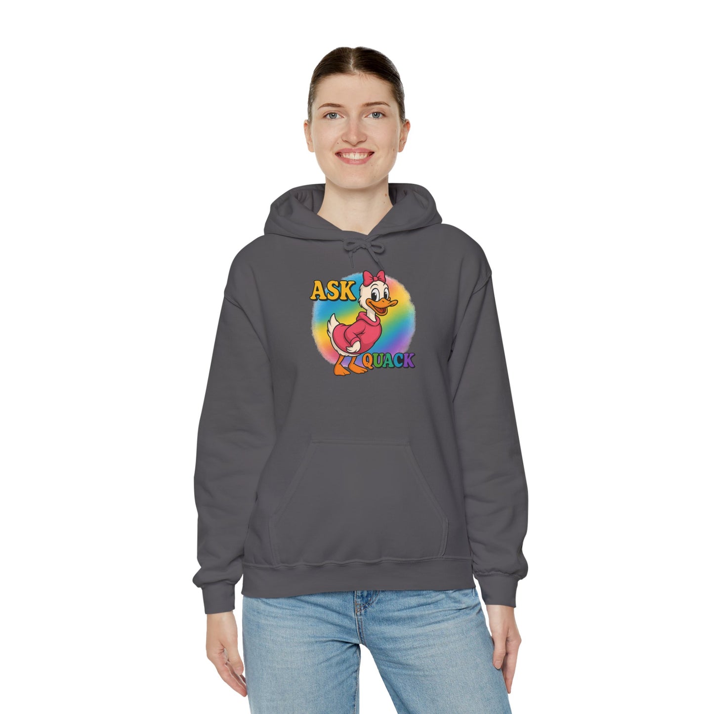 Askquack Female Duck Unisex Hoodie, Quirky Duck Design Sweatshirt, Novelty Animal Jumper, Humorous Duck Apparel, Unique Hooded Top
