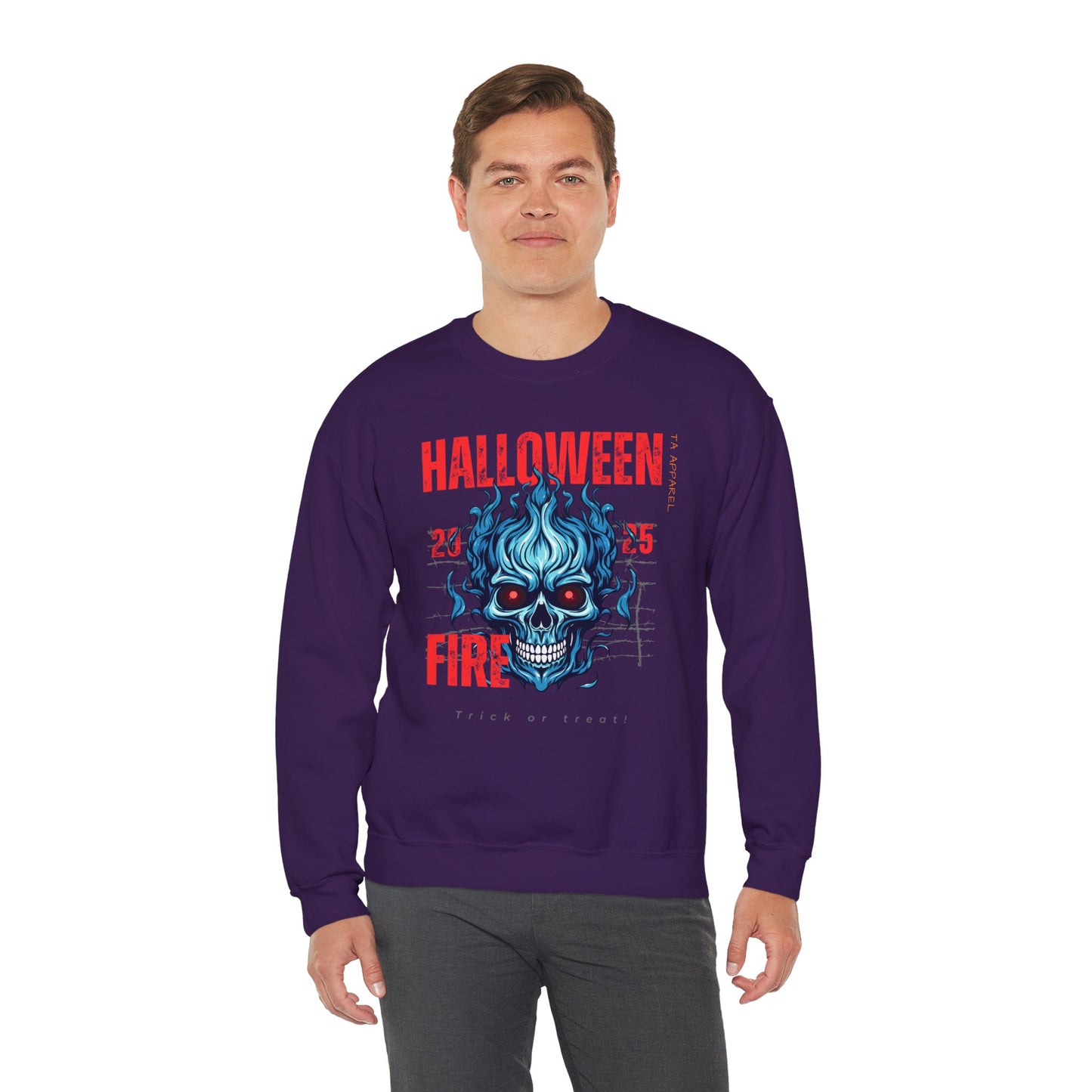 Halloween Fire Skull Sweatshirt, Unisex Crewneck for Fall, Spooky Season Apparel, Gift for Halloween Lovers, Cozy Awareness Top
