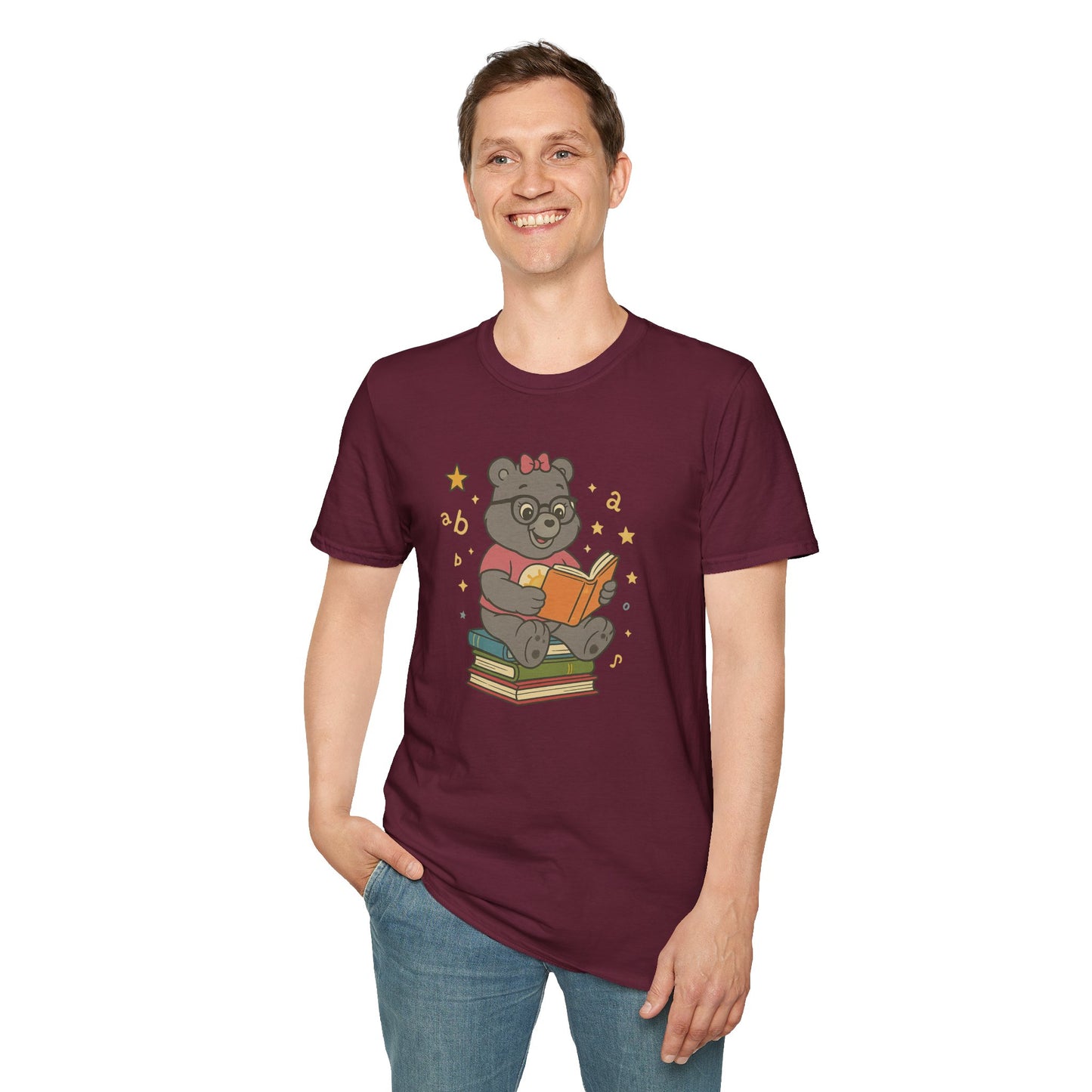 Carebear Jr Book Design Unisex Softstyle T-Shirt, Kids Graphic Tee, Children Reading Shirt, Cute Bear Illustration Top, Retro Style Apparel