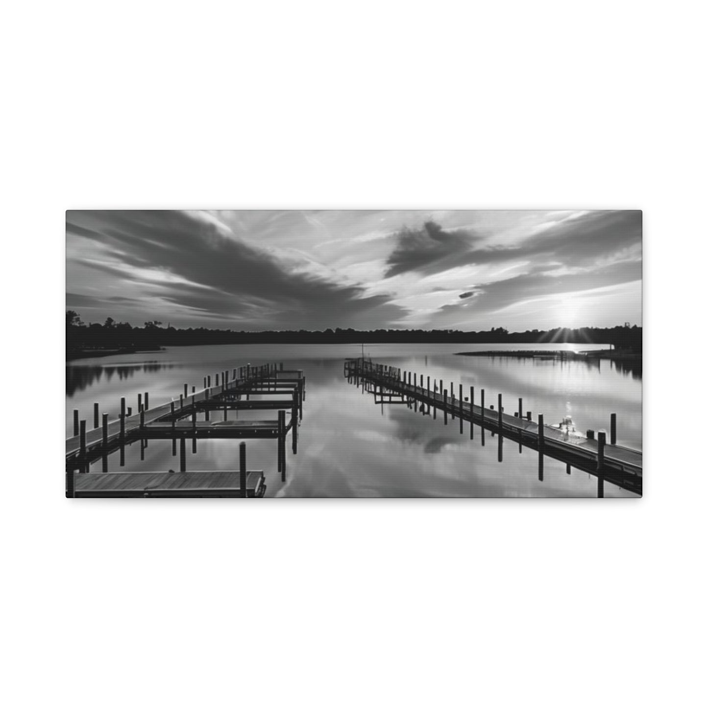 Serene Black and White Landscape Canvas Wall Art. Experience the calming vibe of overlooking the water at the end of the day.