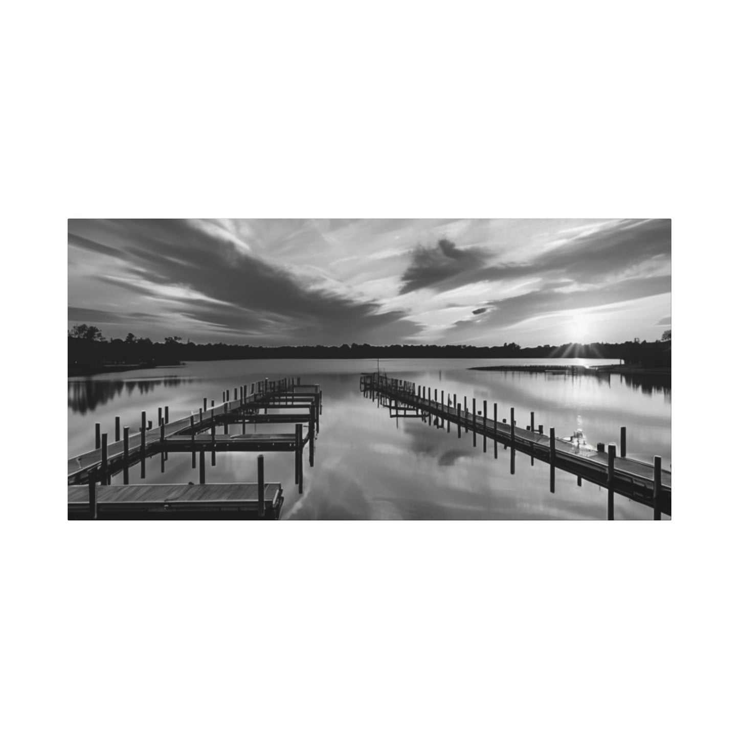 Serene Black and White Landscape Canvas Wall Art. Experience the calming vibe of overlooking the water at the end of the day.