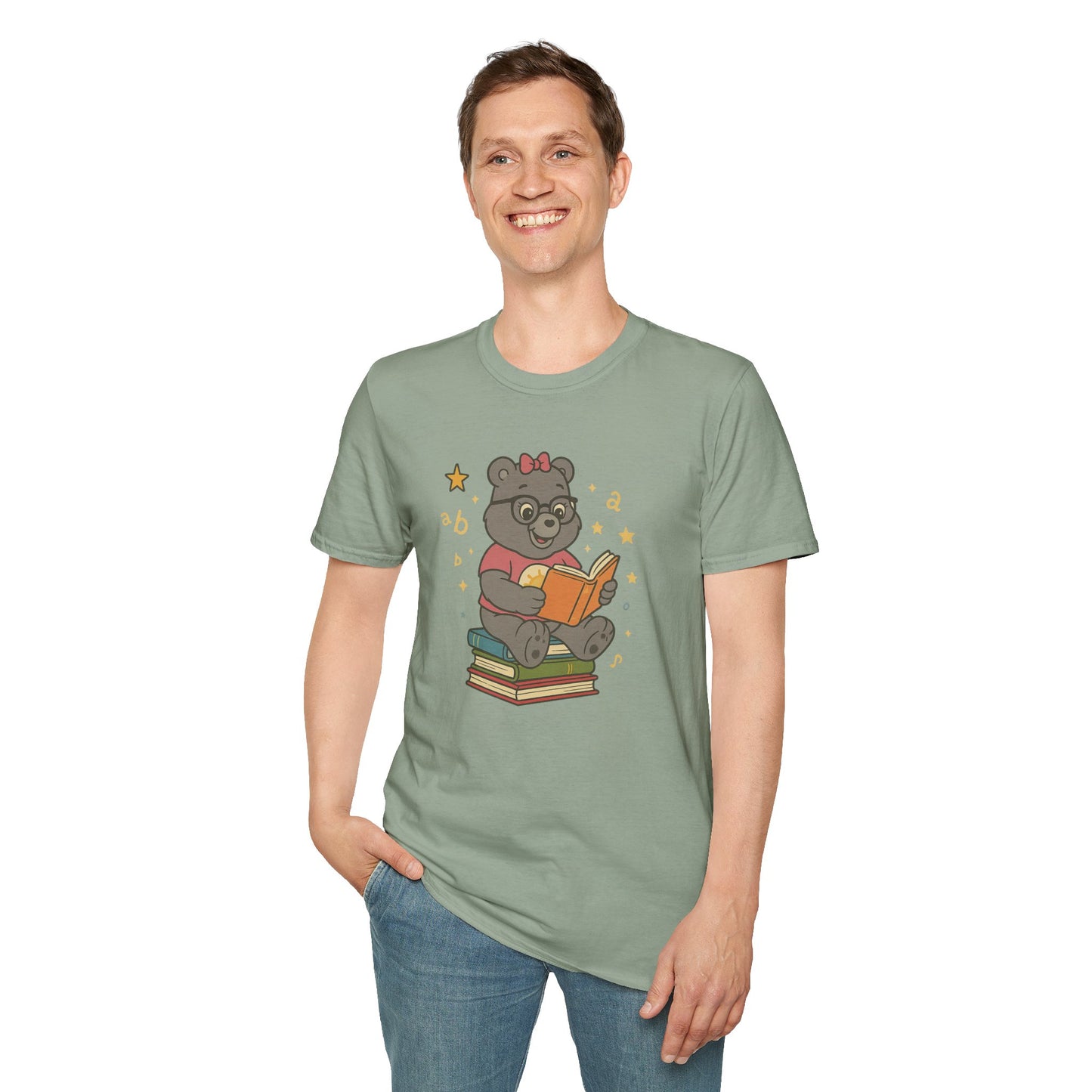 Carebear Jr Book Design Unisex Softstyle T-Shirt, Kids Graphic Tee, Children Reading Shirt, Cute Bear Illustration Top, Retro Style Apparel
