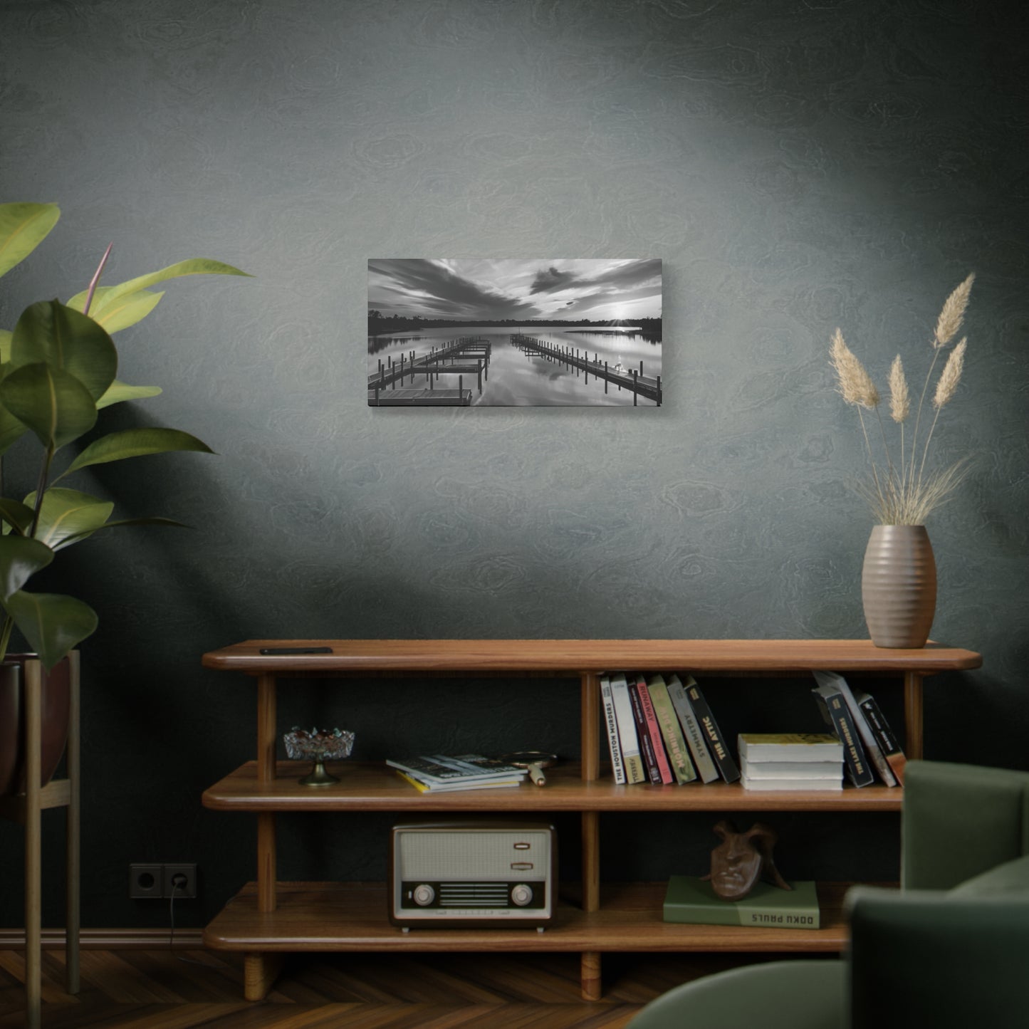 Serene Black and White Landscape Canvas Wall Art. Experience the calming vibe of overlooking the water at the end of the day.
